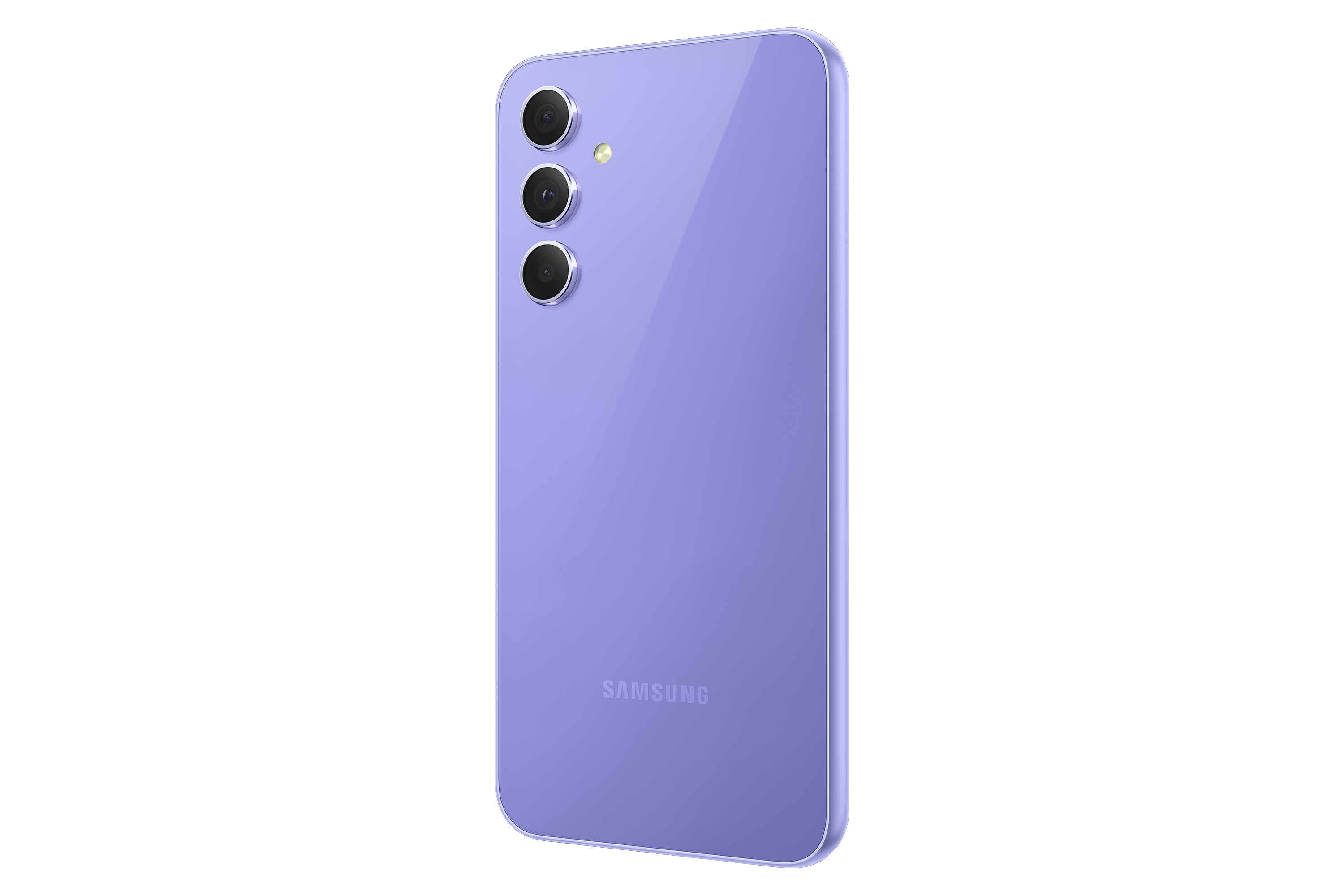 Tył liliowego telefonu z 3 obiektywami aparatu i logo Samsung.