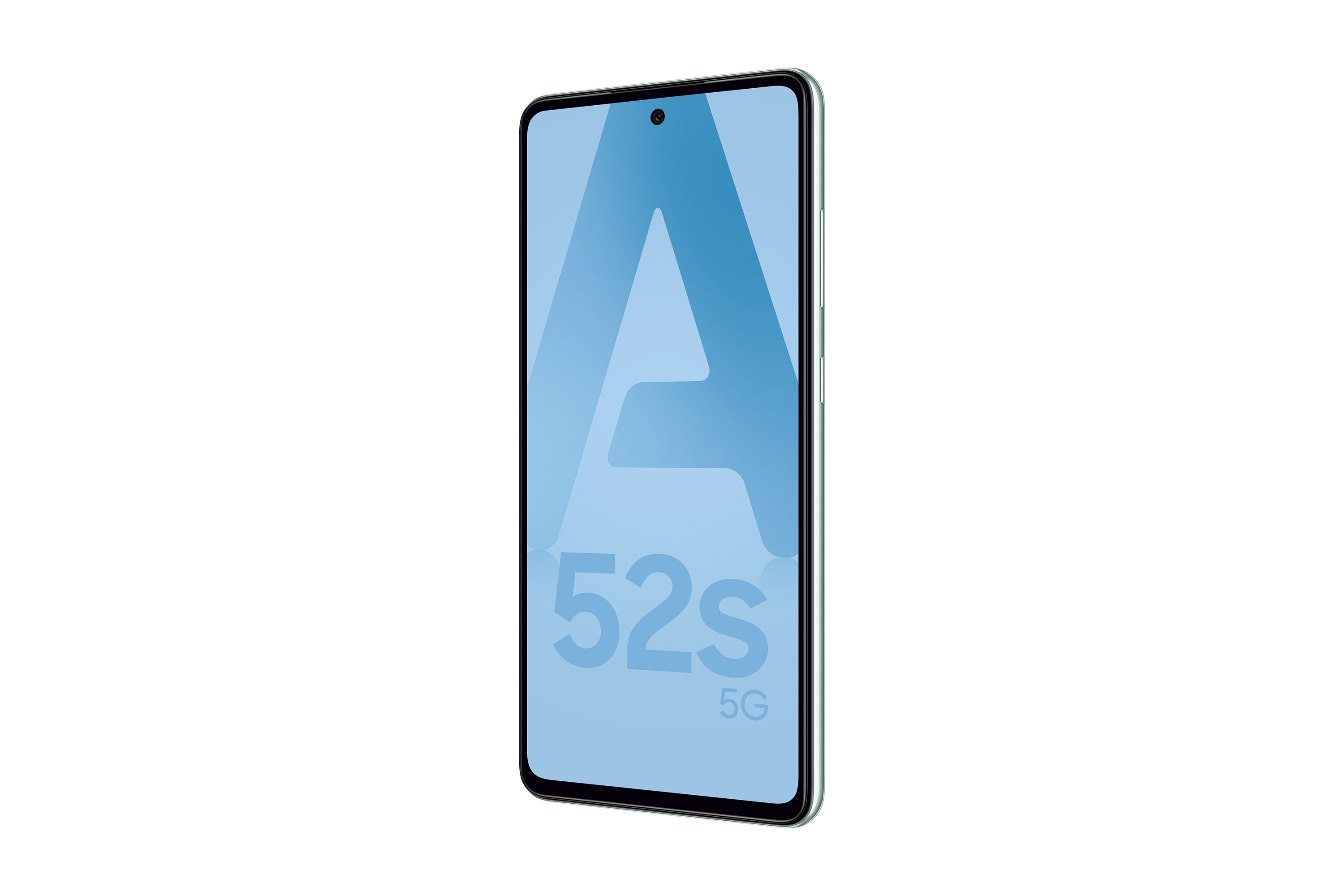 Męski zielony smartfon Samsung Galaxy A52s 5G pod kątem, wyświetlający niebieską literę „A” i „52S 5G”.