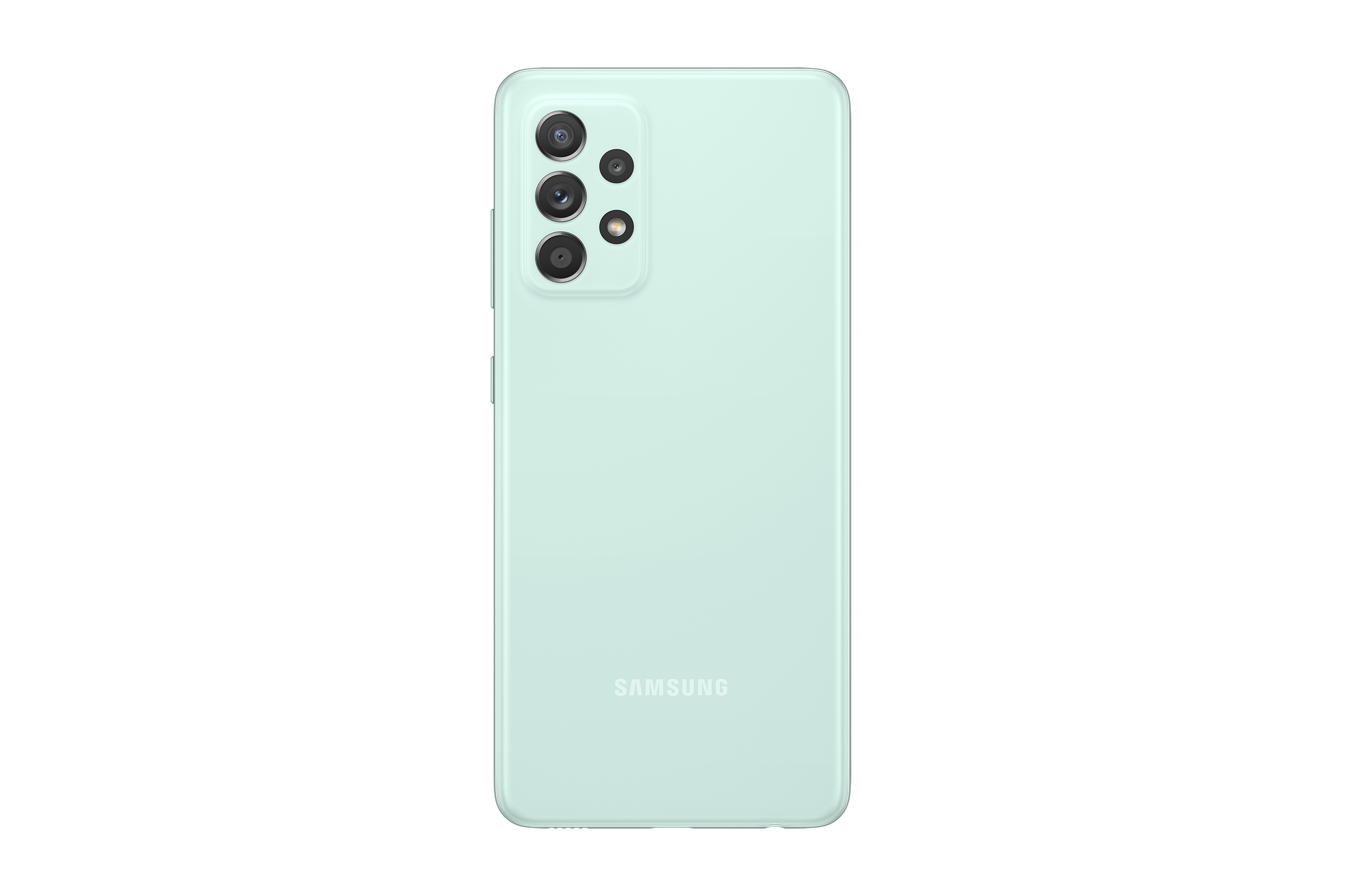 Zielony tył telefonu. Trzy tylne kamery, logo Samsung. Czysty, prosty design.