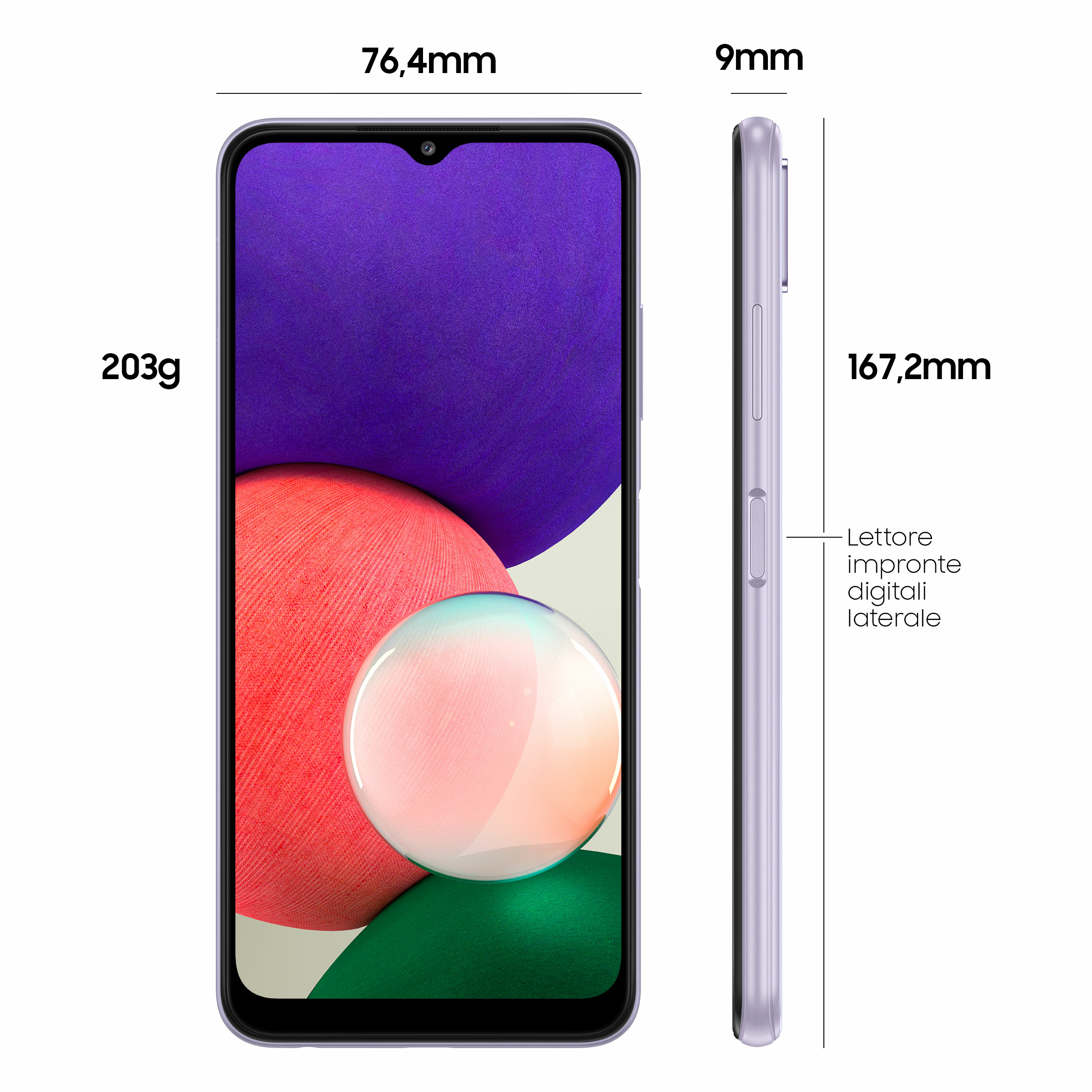 Ein lila Telefon mit Maßen, das die Vorder- und Seitenansicht des Telefons zeigt.