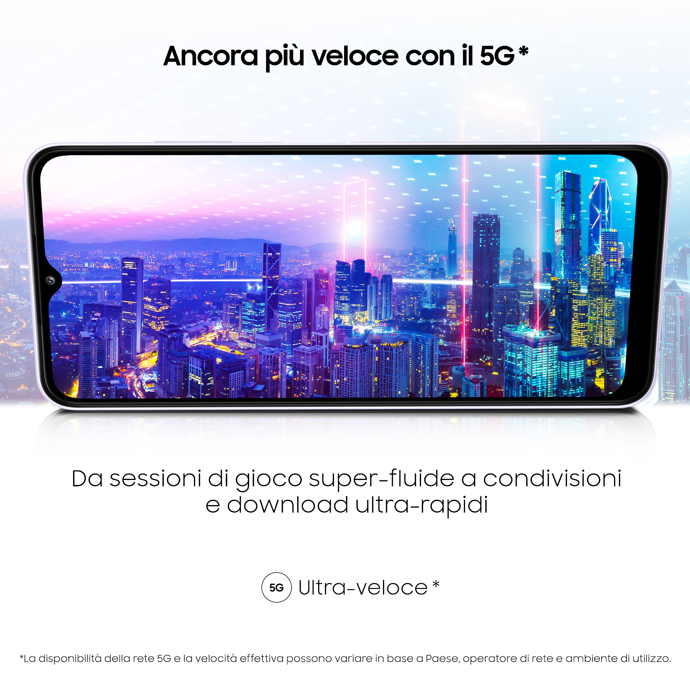 Telefonbildschirm zeigt Nachtstadt. Text: Ultra-veloce 5G.