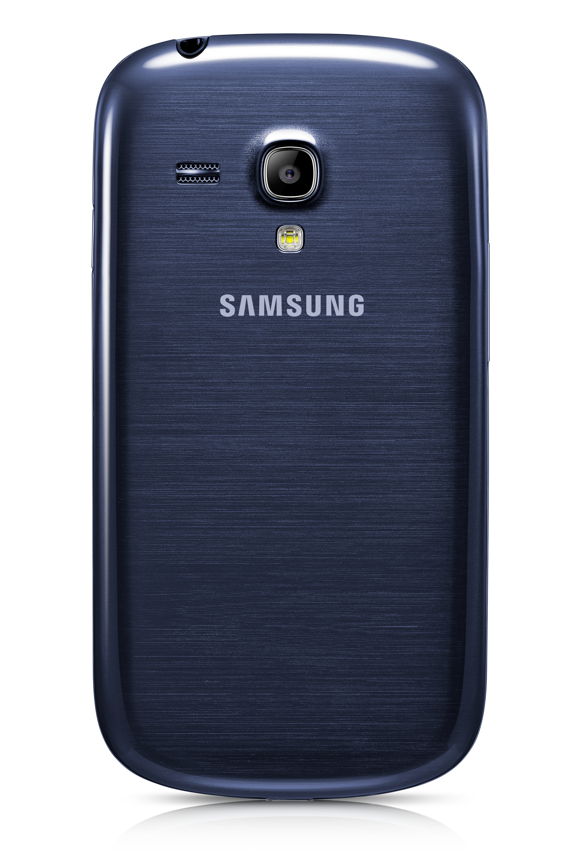 Dunkelblaues Samsung-Telefon. Kamera, Blitz und Logo sind sichtbar. Schlankes Design mit glänzendem Finish.