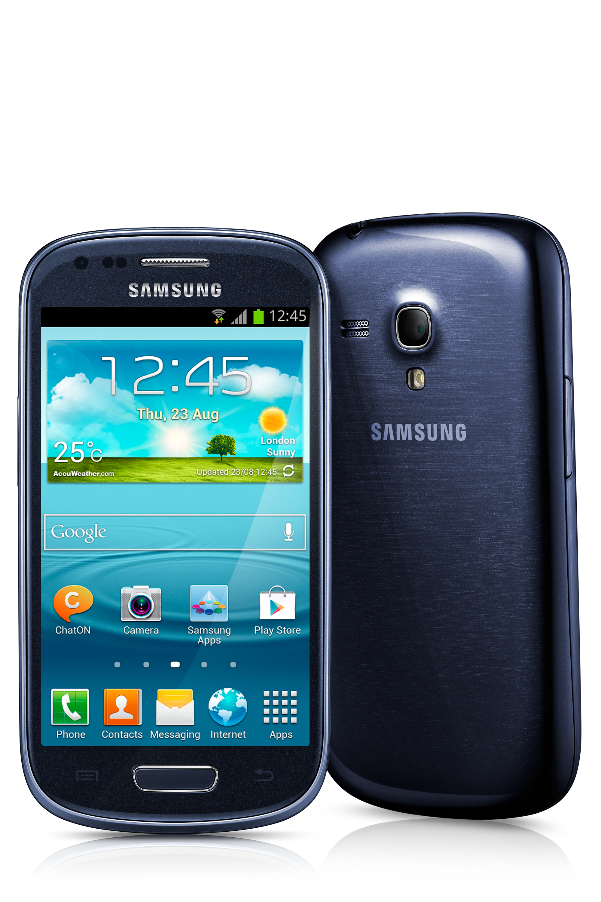 Zwei Telefone, ein Samsung-Smartphone, eines mit eingeschaltetem Bildschirm und eines mit Rückseite.