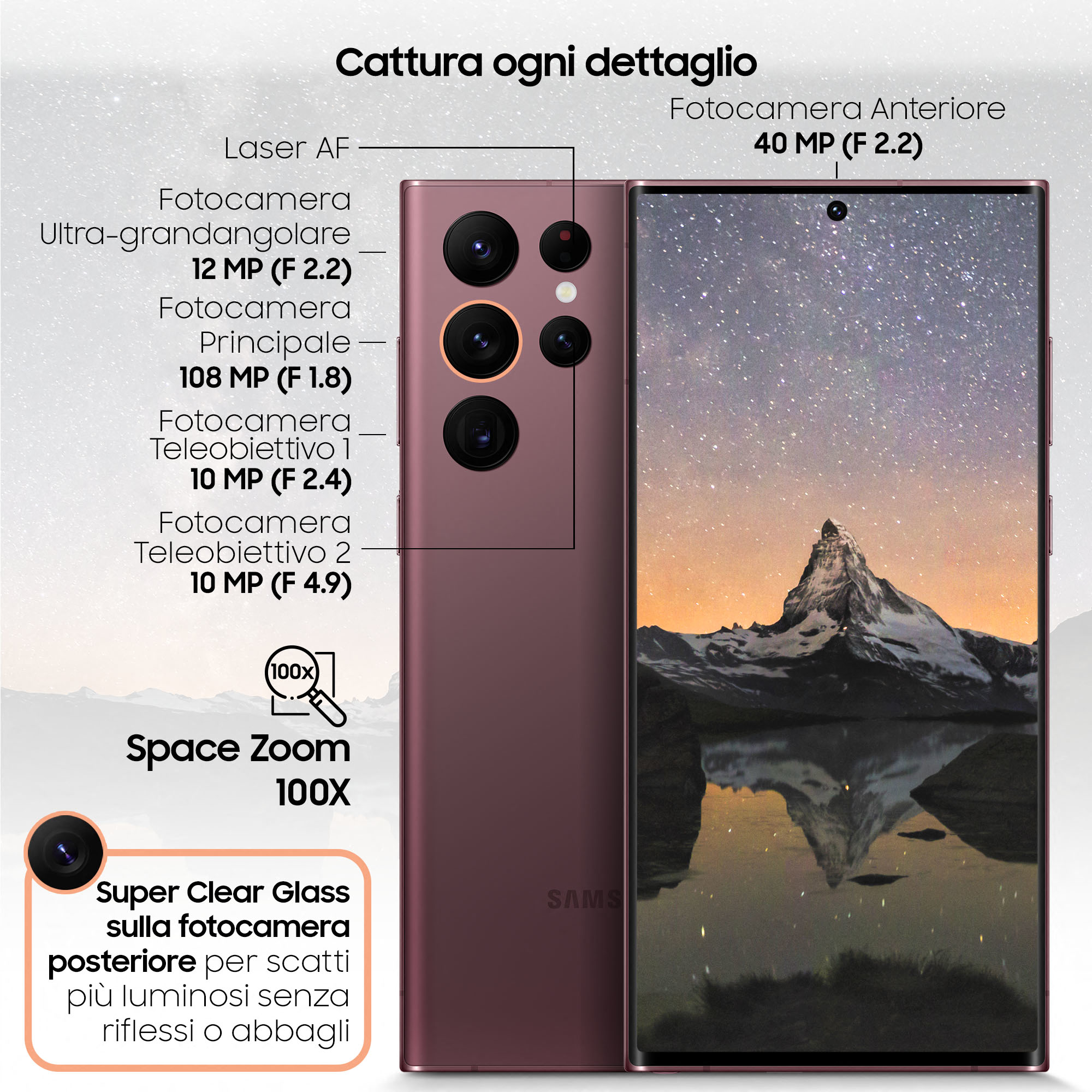 Smartphone-Rückseite mit mehreren Kameras und Details. Text auf Italienisch. Zeigt eine Berglandschaft auf dem Bildschirm.