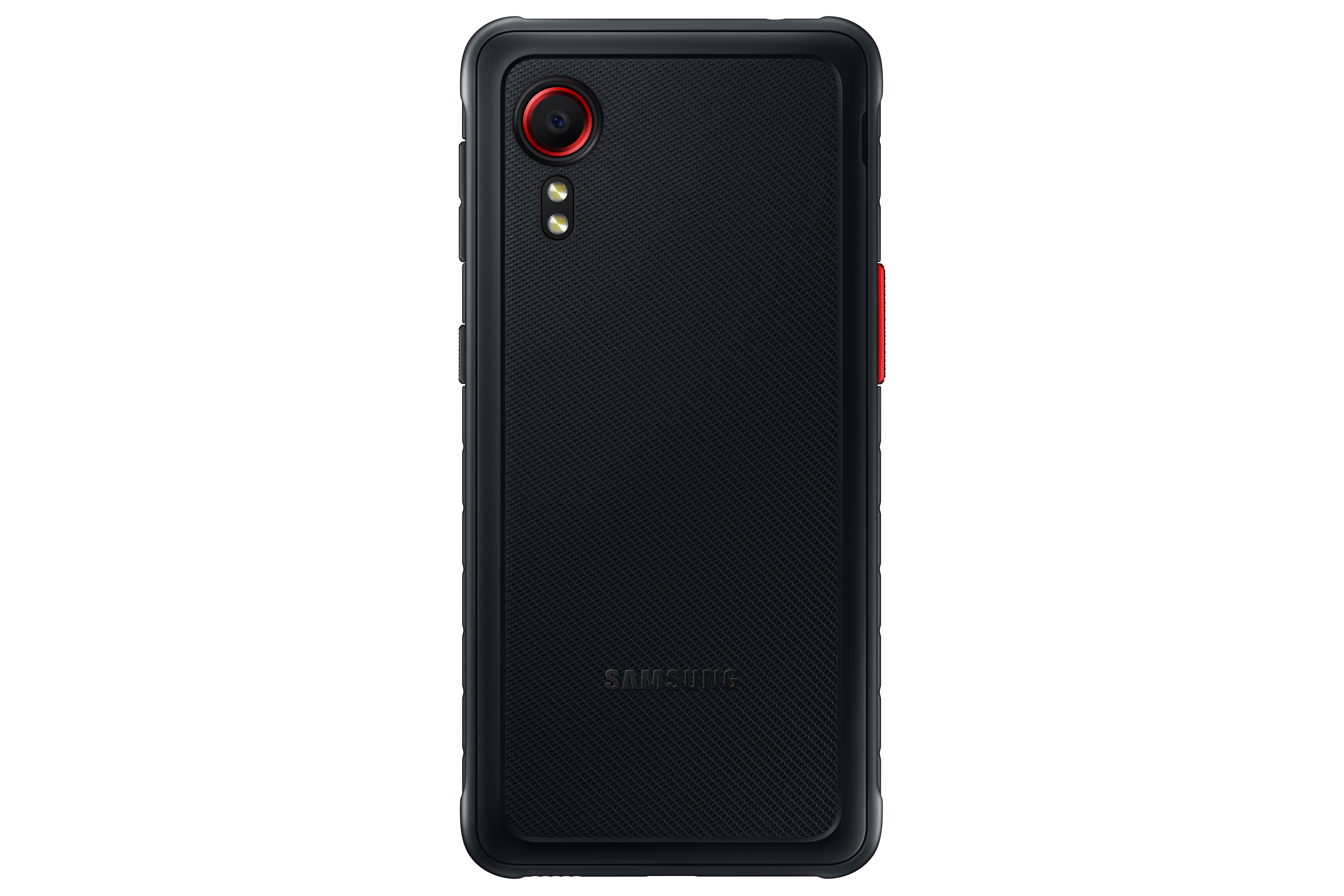 Czarny tył smartfona z czerwonymi akcentami, aparatem i logo Samsung.