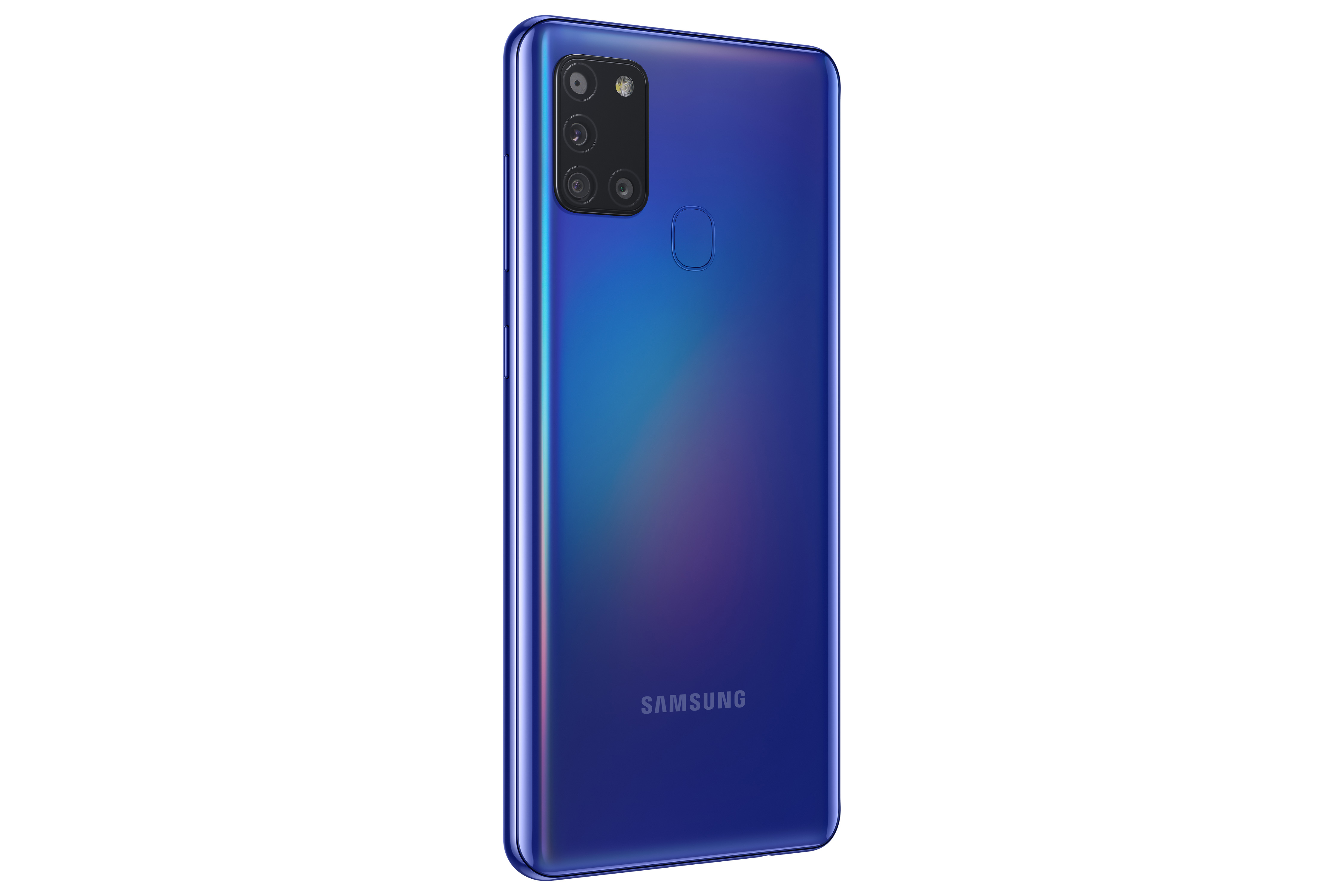 Niebieski gradient z tyłu telefonu Samsung, aparaty, czujnik linii papilarnych i logo.