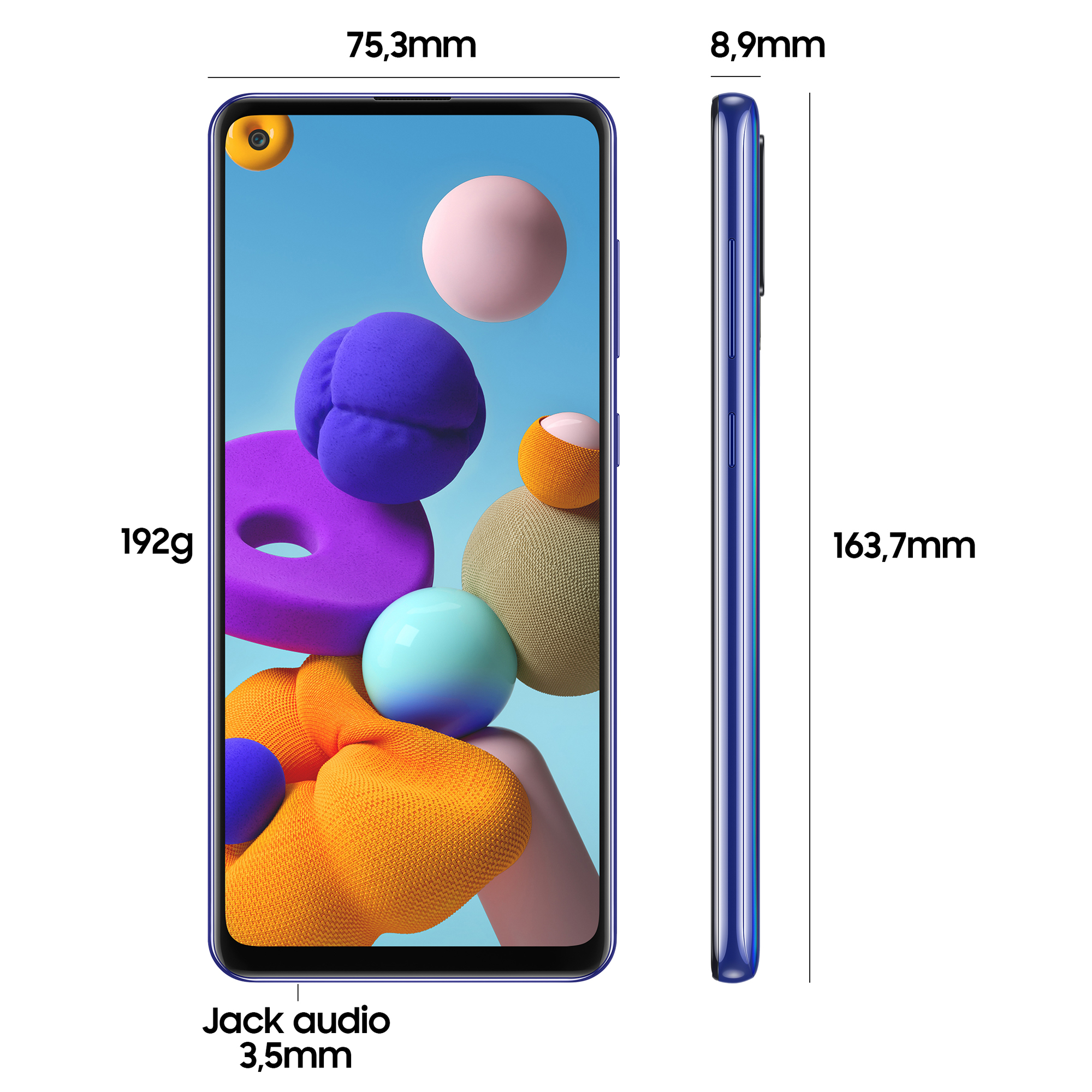 Niebieski telefon pokazujący wymiary, z kolorową, abstrakcyjną tapetą.