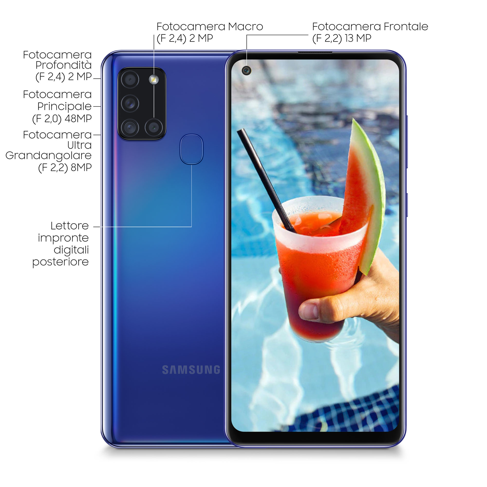 Niebieski telefon i ręka trzymająca napój z plasterkiem arbuza przed basenem.