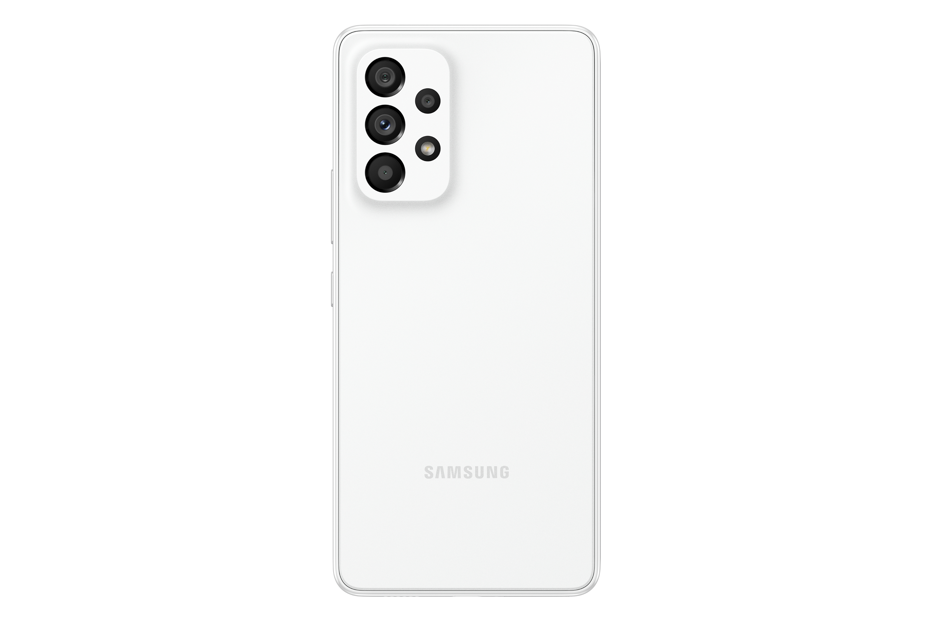 Biały tył telefonu z wieloma obiektywami aparatu i logo SAMSUNG na dole. Czysty i prosty design.