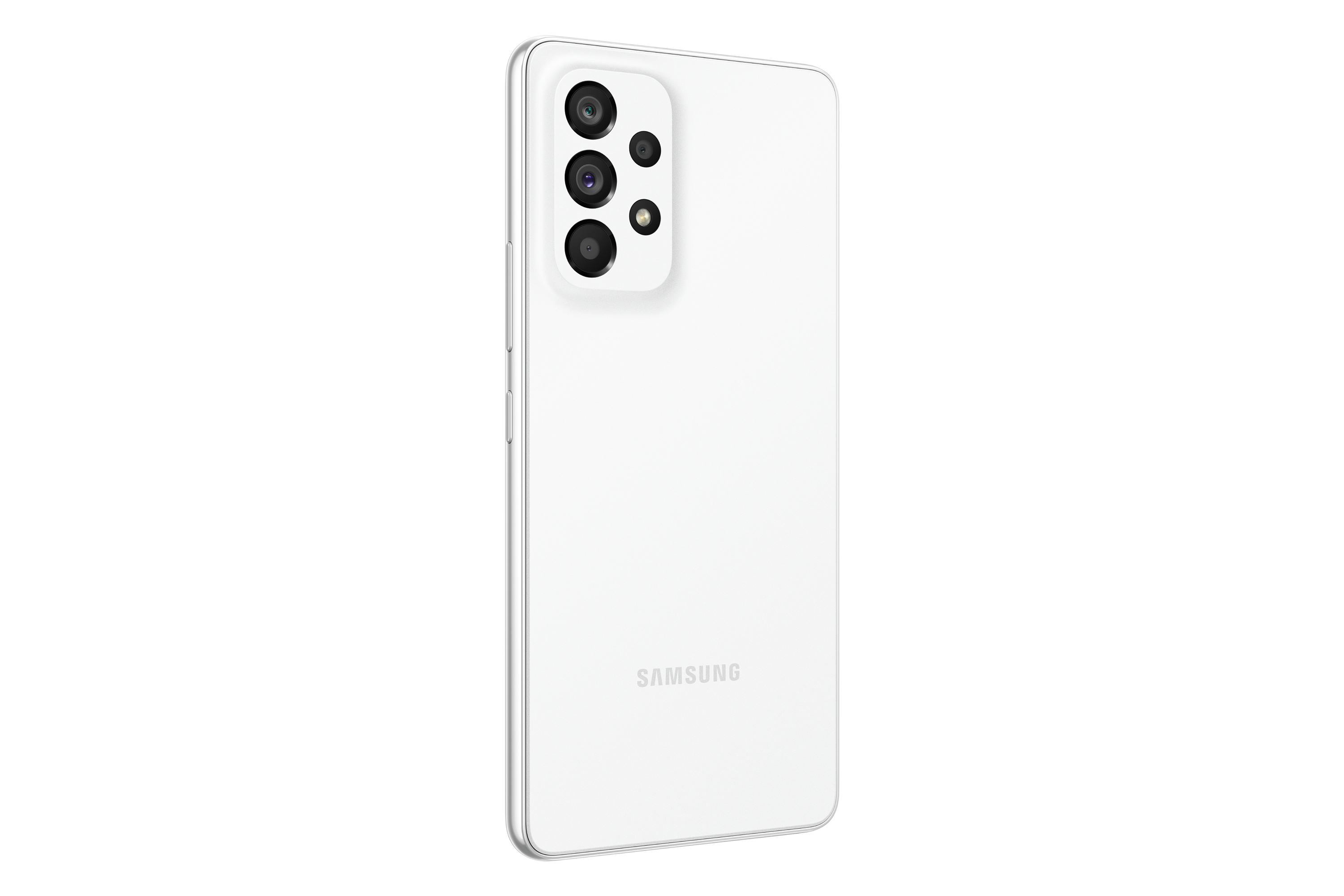 Biały telefon Samsung z tylnymi kamerami. Logo Samsung na dole. Białe tło.
