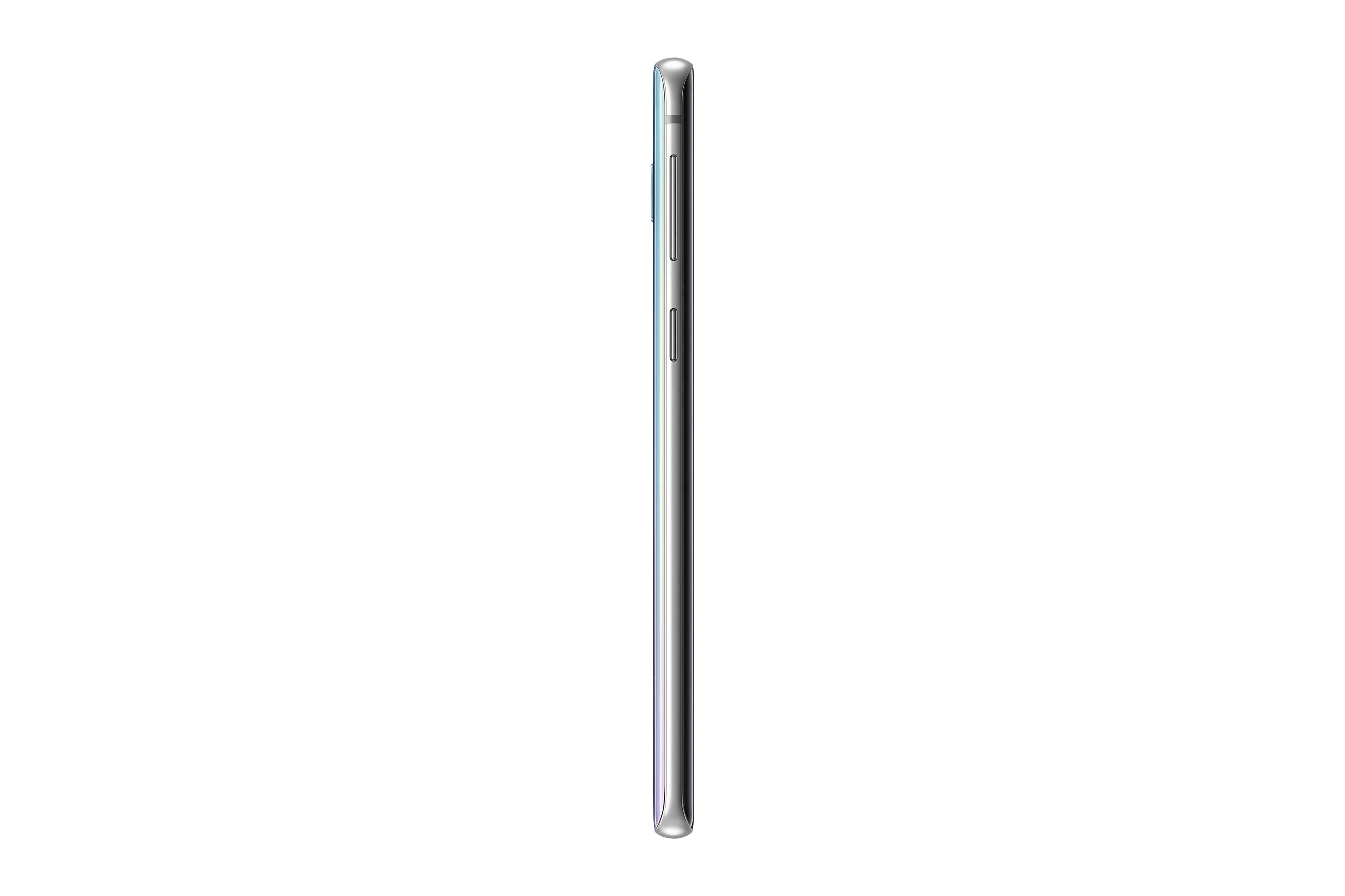 Schlankes Smartphone-Profil in Silber mit Farbverlauf, vor schlichtem weißem Hintergrund.