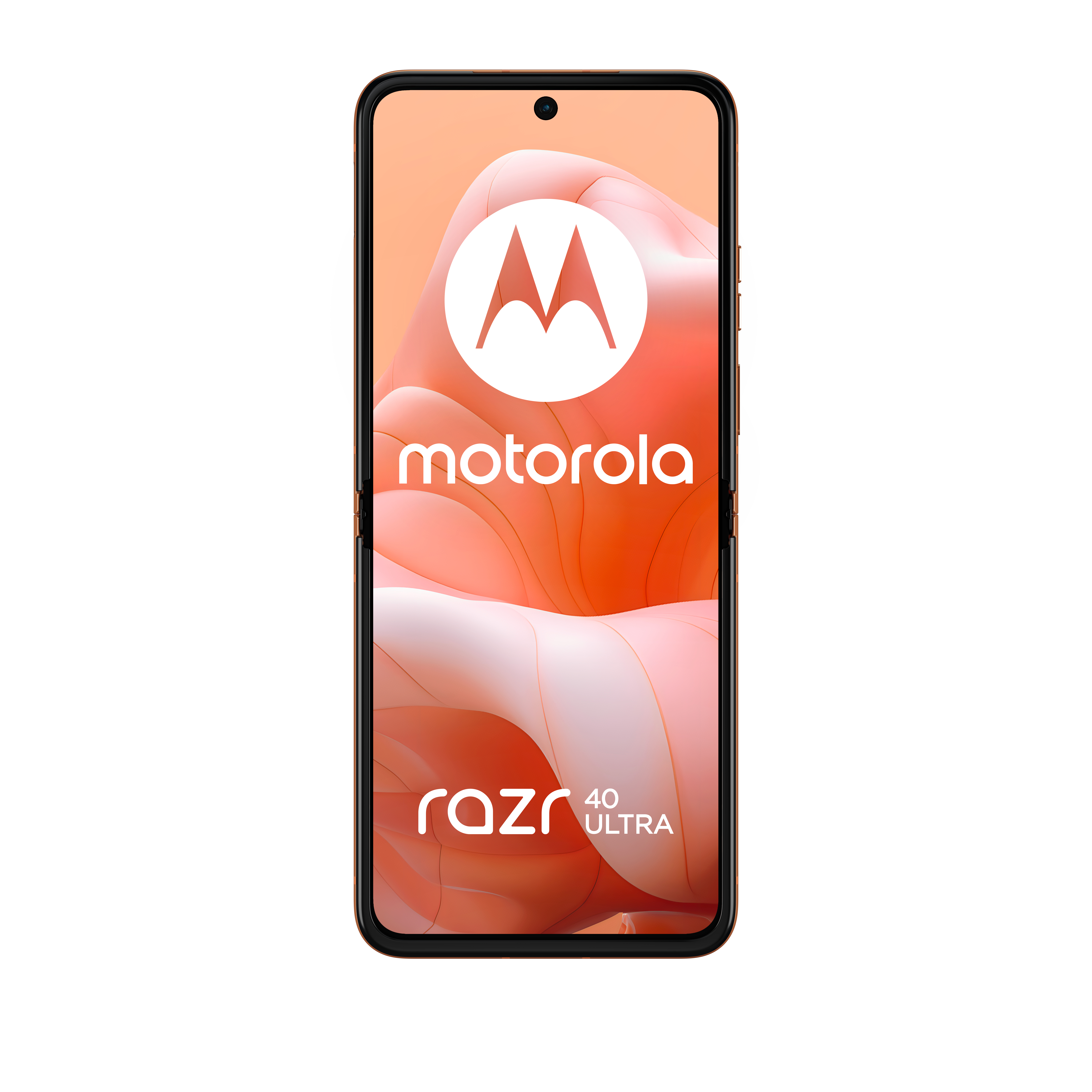 Smartfon z ekranem wyświetlającym logo Motorola i rozmyte pomarańczowe tło. Telefon jest otwarty.