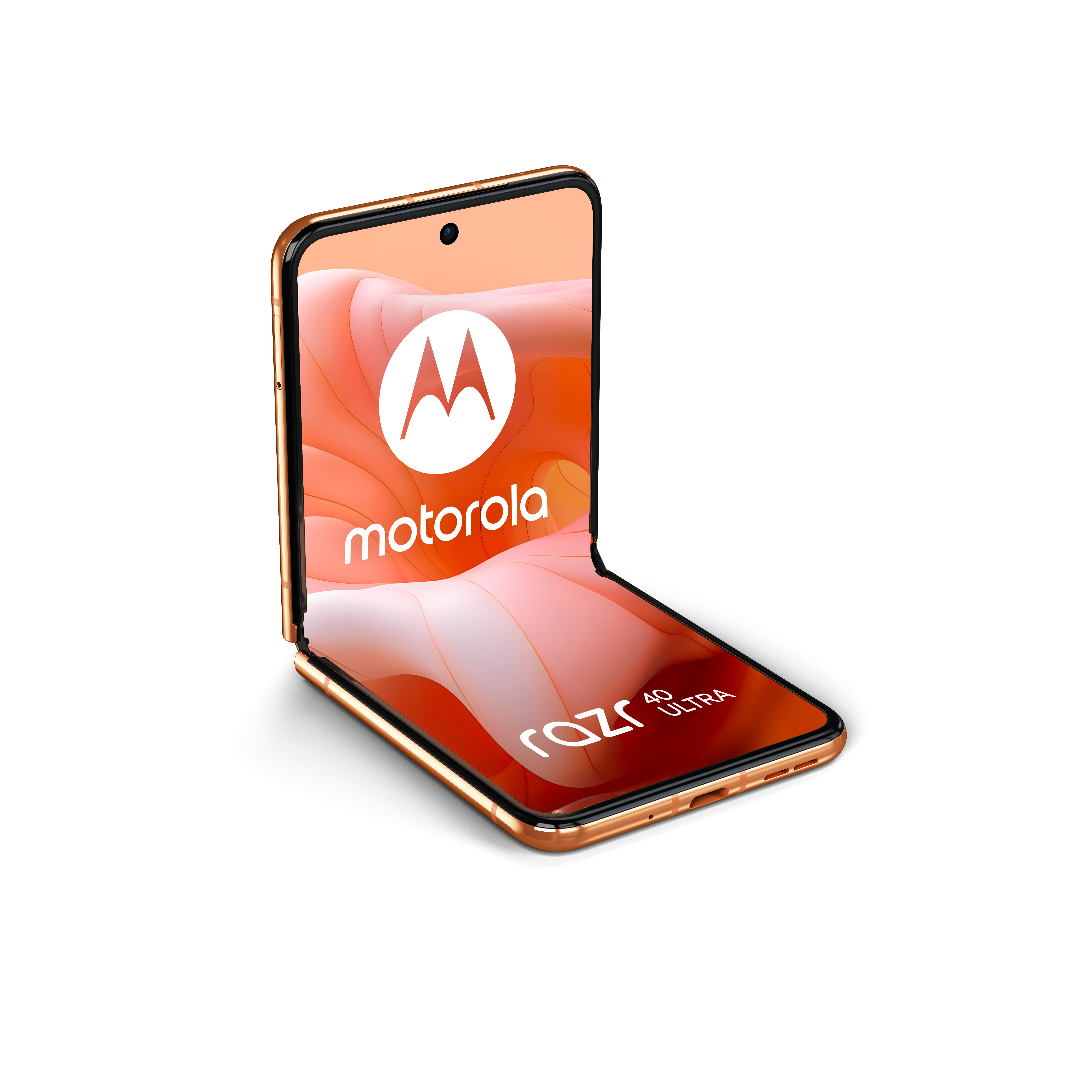 Składany smartfon, motorola razr ultra, pomarańczowo-złota kolorystyka z logo.