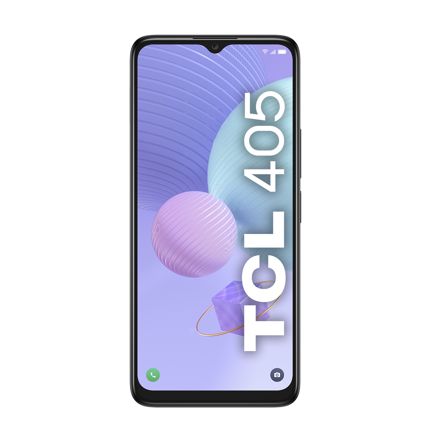 Smartphone negro con el texto 'TCL 405' en la pantalla, con fondo de colores.