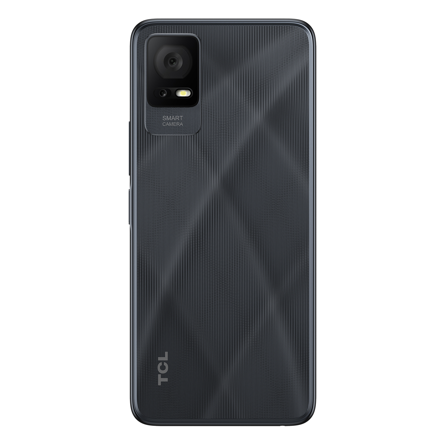 Parte trasera de teléfono gris oscuro con cámara, flash y logotipo de TCL. Líneas diagonales texturizan.