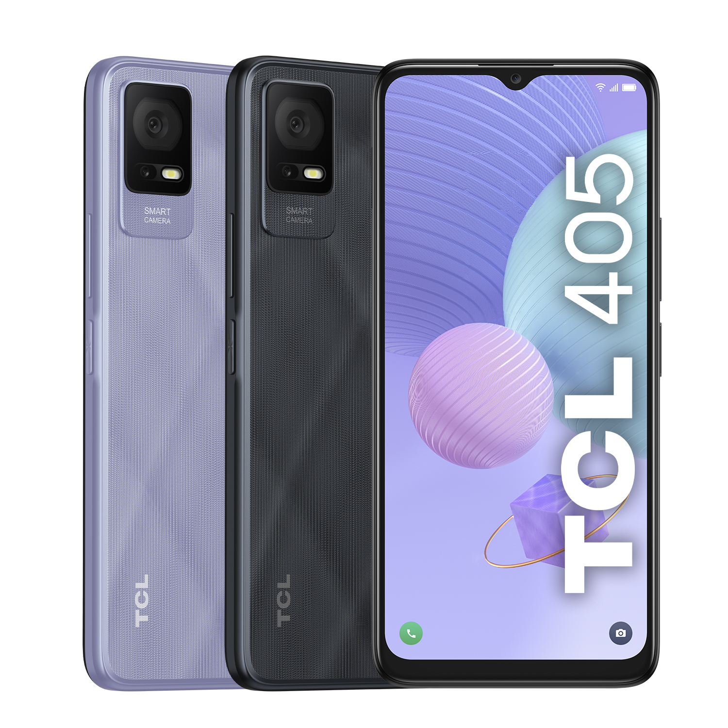 Dos teléfonos TCL 405. Uno morado, uno negro. Ambos tienen cámaras y pantalla.
