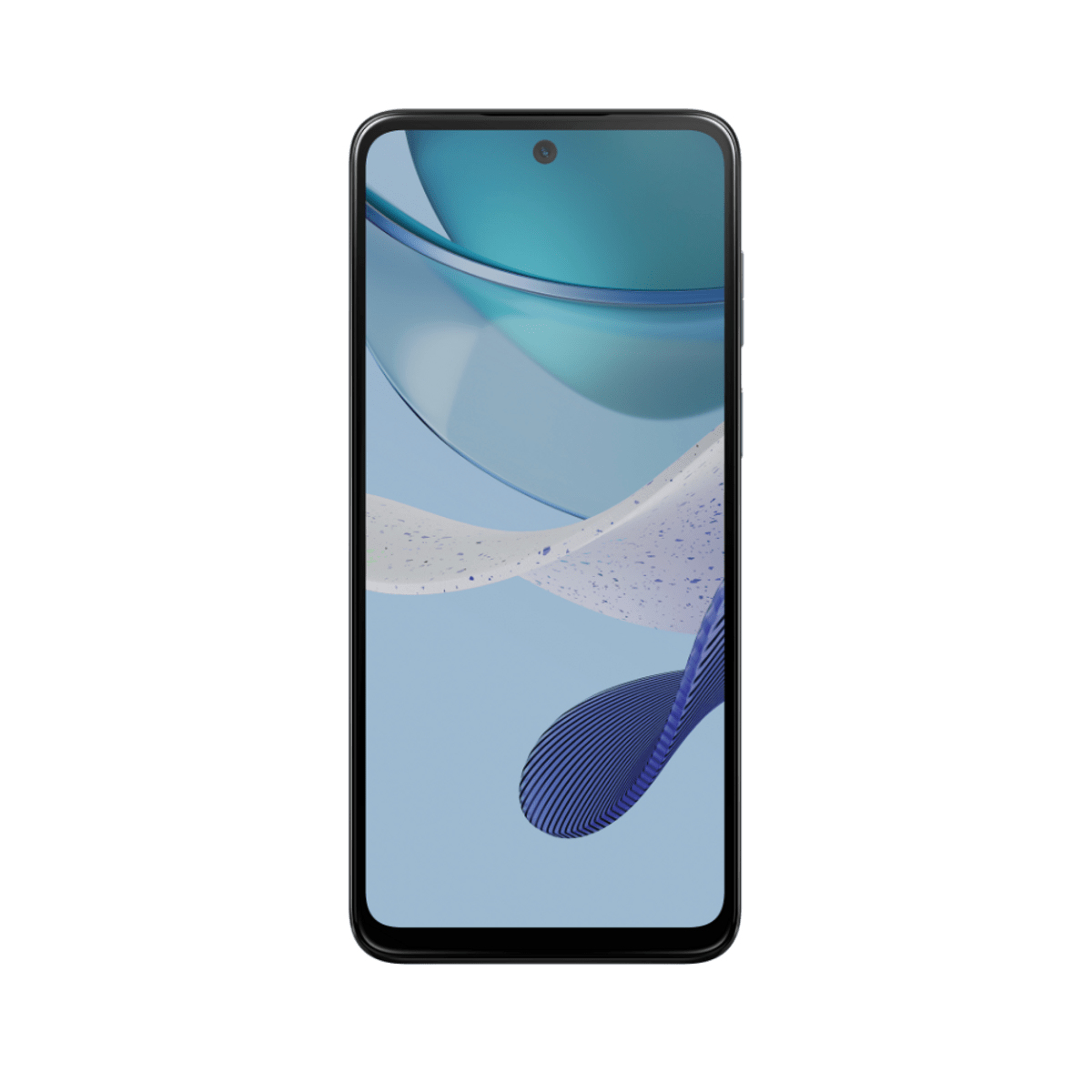 Schwarzes Telefon mit Bildschirm, der ein blaues und weißes Design zeigt, Hochformat.