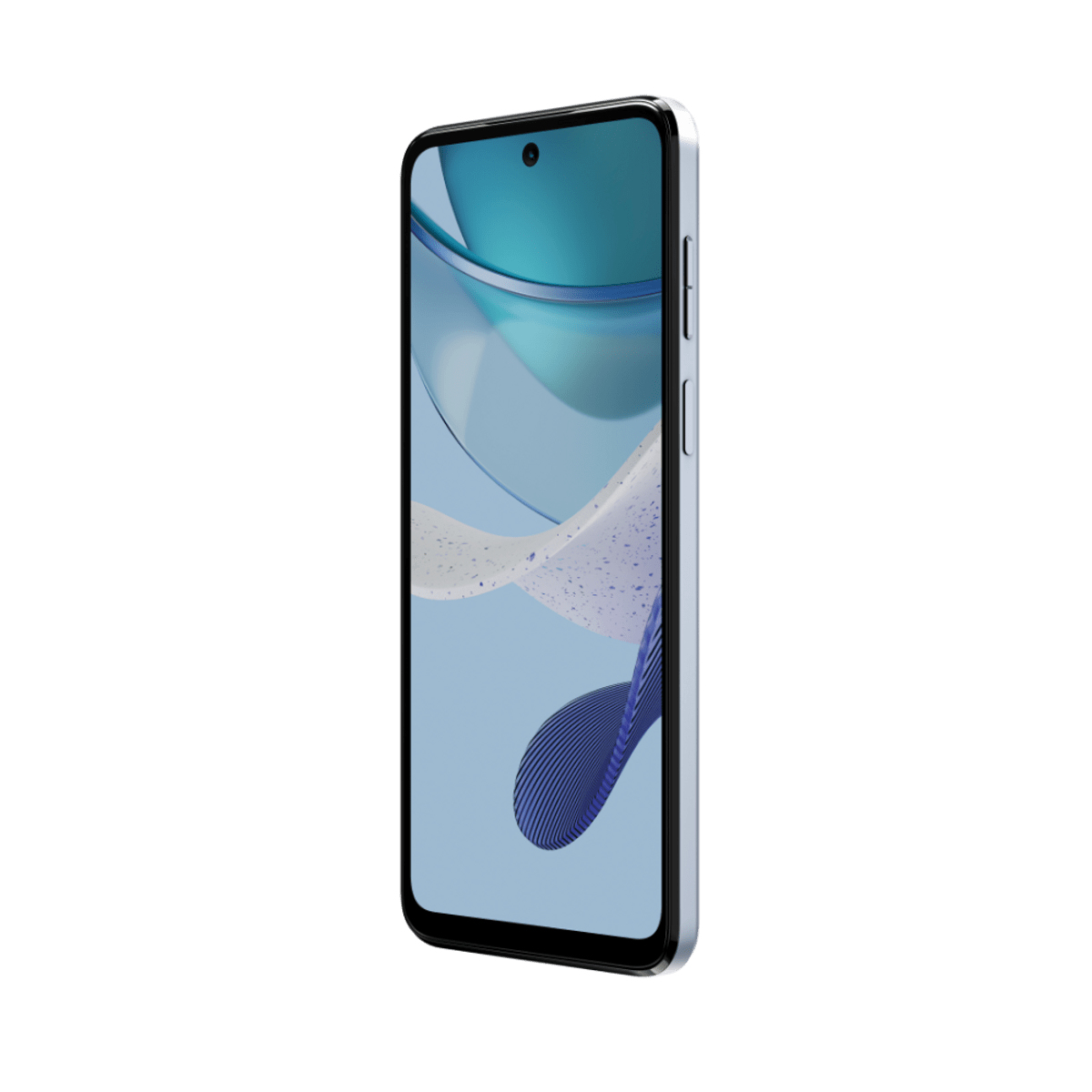 Hellblaues Telefon. Vorderseite zeigt ein blaues und weißes Design. Weißer Hintergrund.
