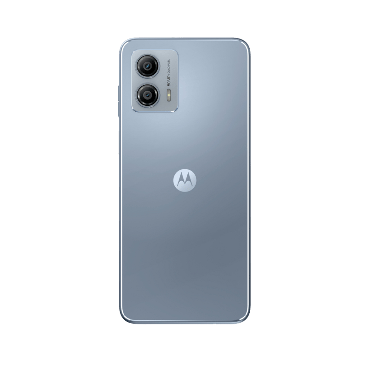 Blaues Smartphone-Rückseite mit Doppelkameras und Motorola-Logo auf weißem Grund.