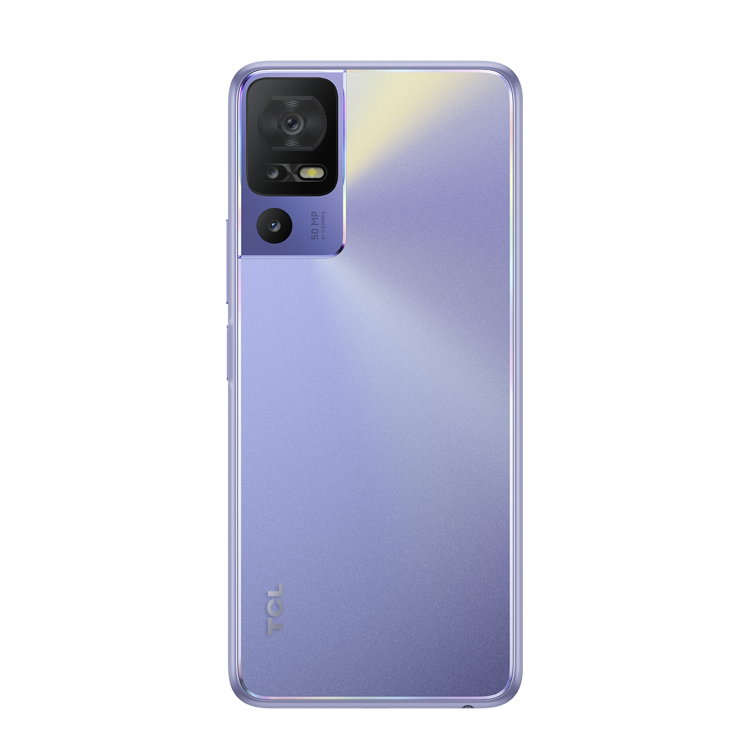 Vista posteriore dello smartphone viola, con fotocamera e logo TCL. Sfondo bianco.