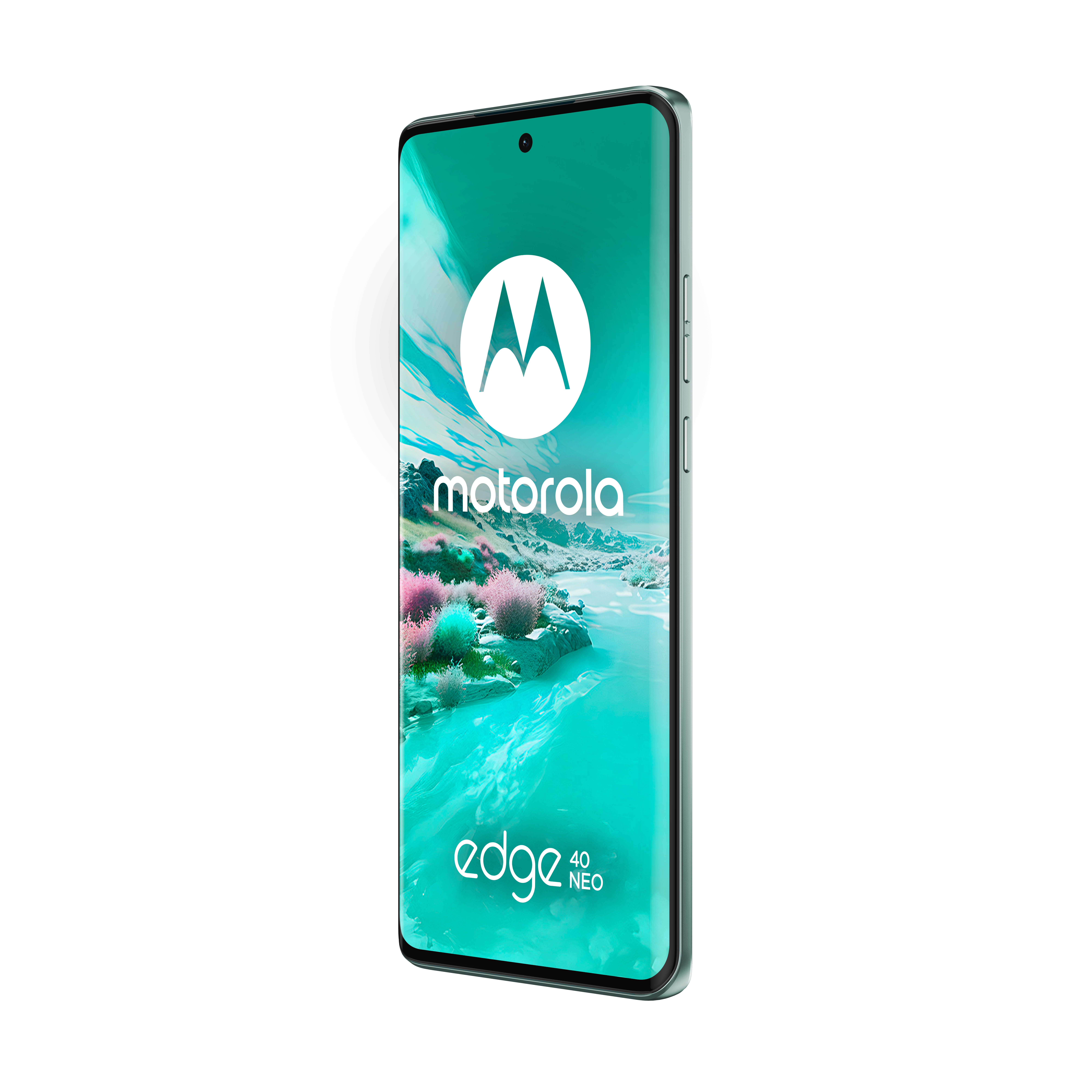 Smartfon Motorola Edge 40 Neo, miętowy, z dużym ekranem pokazującym krajobraz.