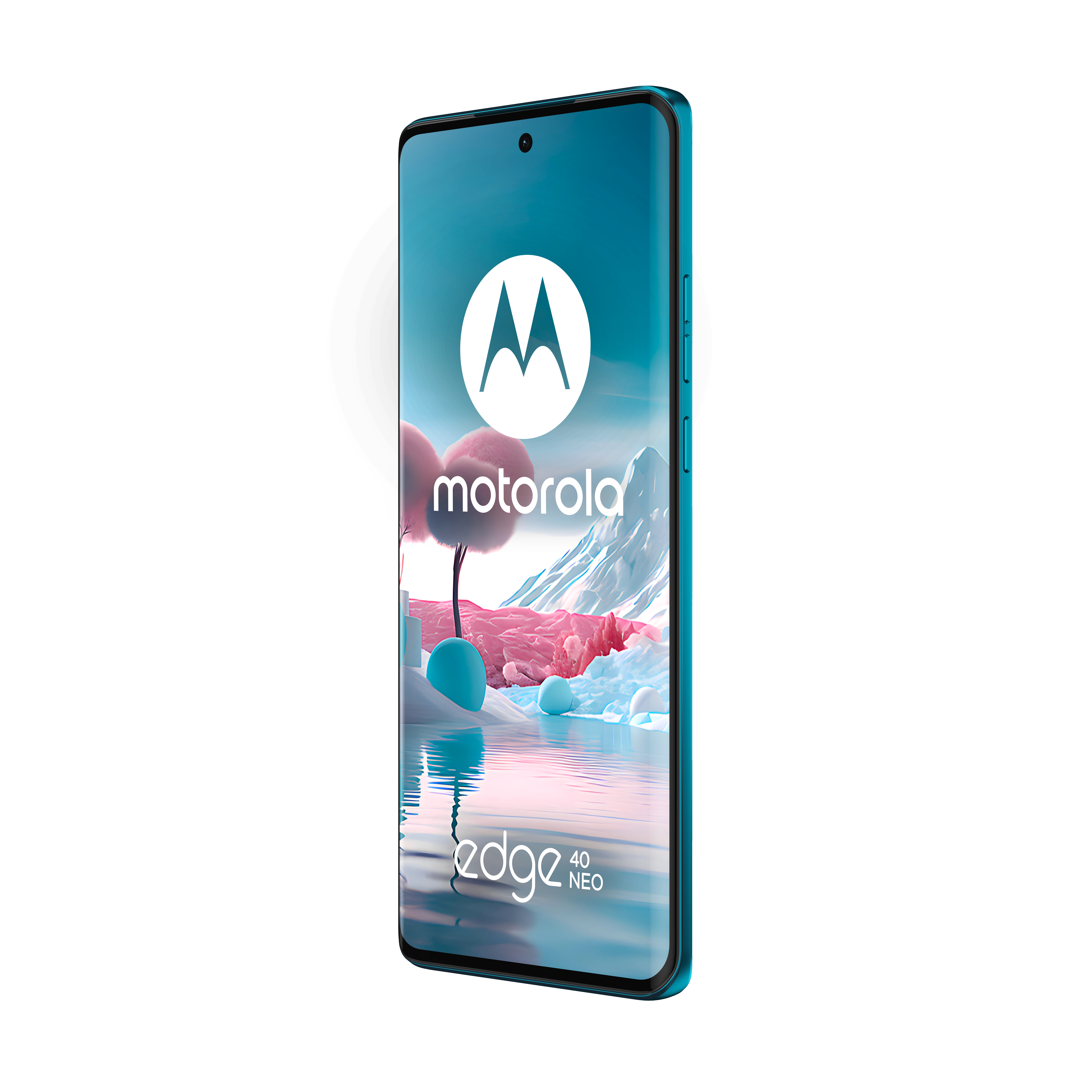Smartfon Motorola Edge 40 Neo, kolor turkusowy. Wyświetlacz z krajobrazem. Białe tło.