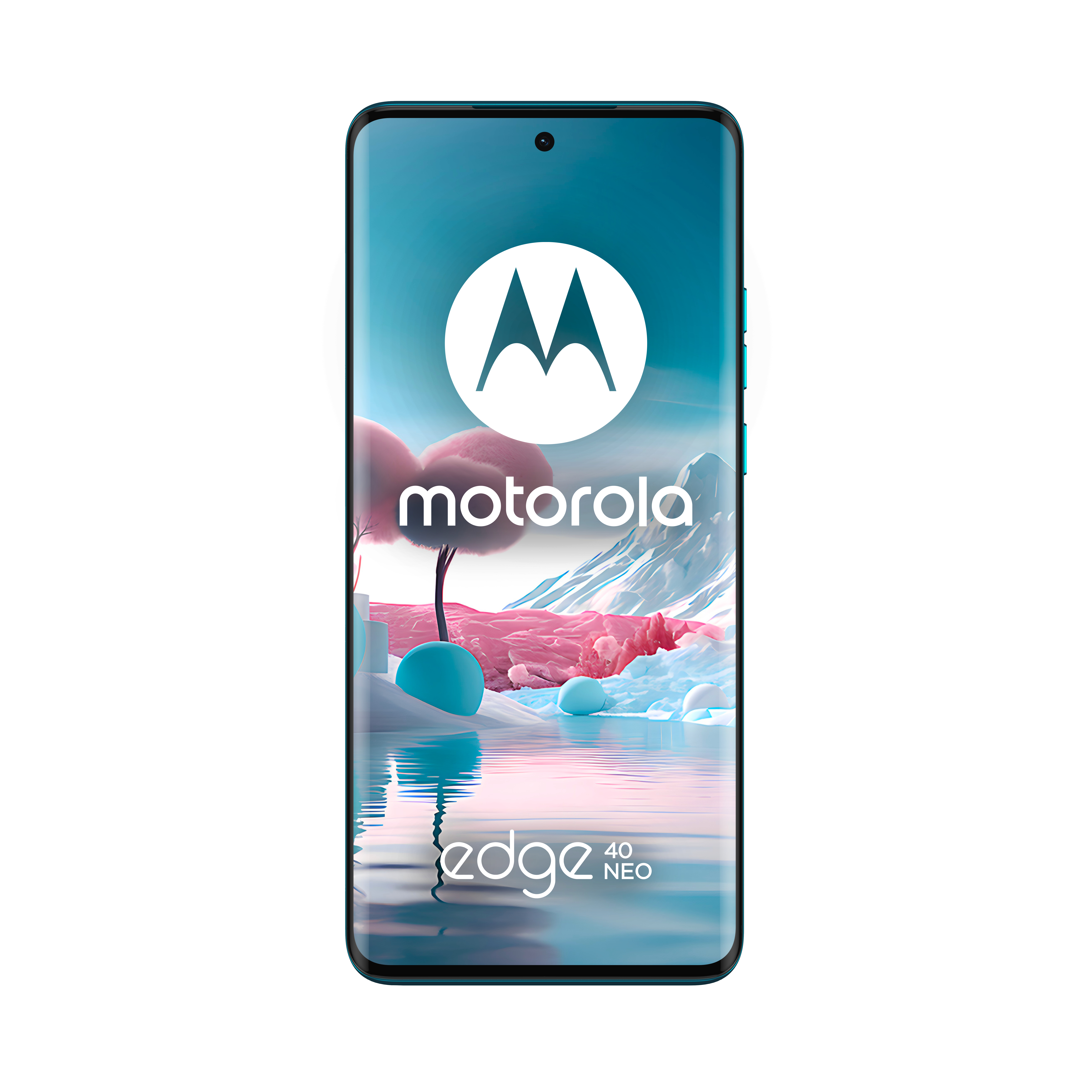Ekran telefonu Motorola Edge 40 Neo. Wyświetlanie logo na tle stylizowanym.
