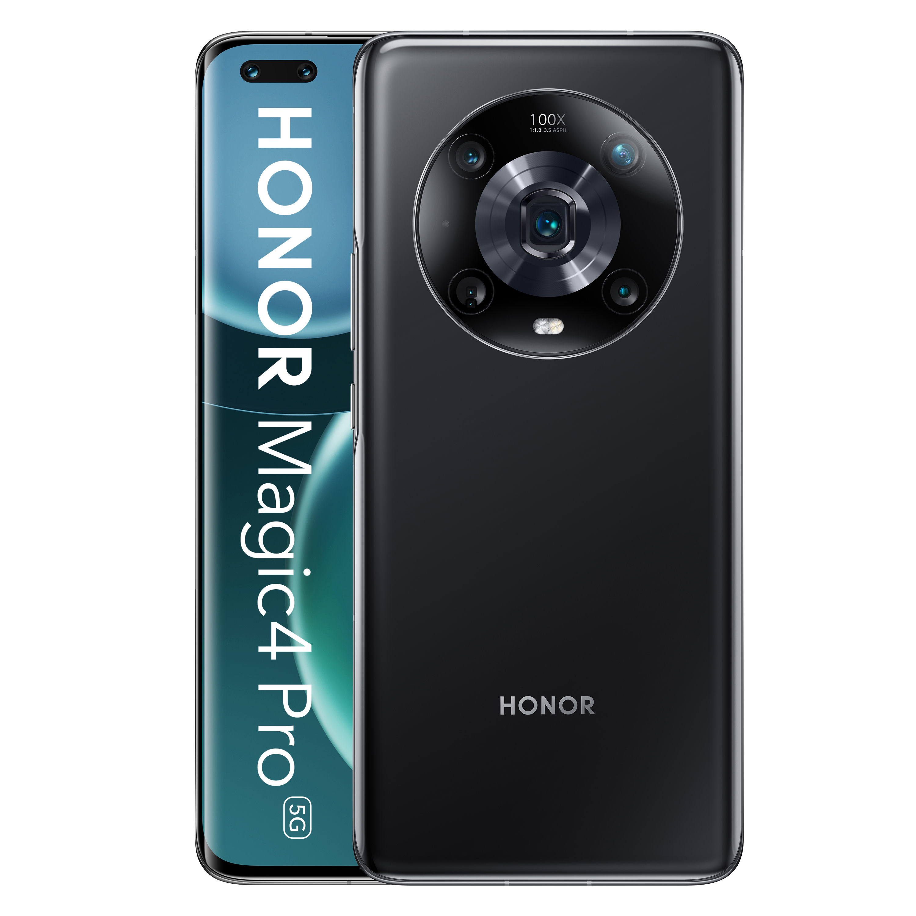 Czarny telefon Honor z dużym pierścieniem aparatu i zakrzywionym ekranem.