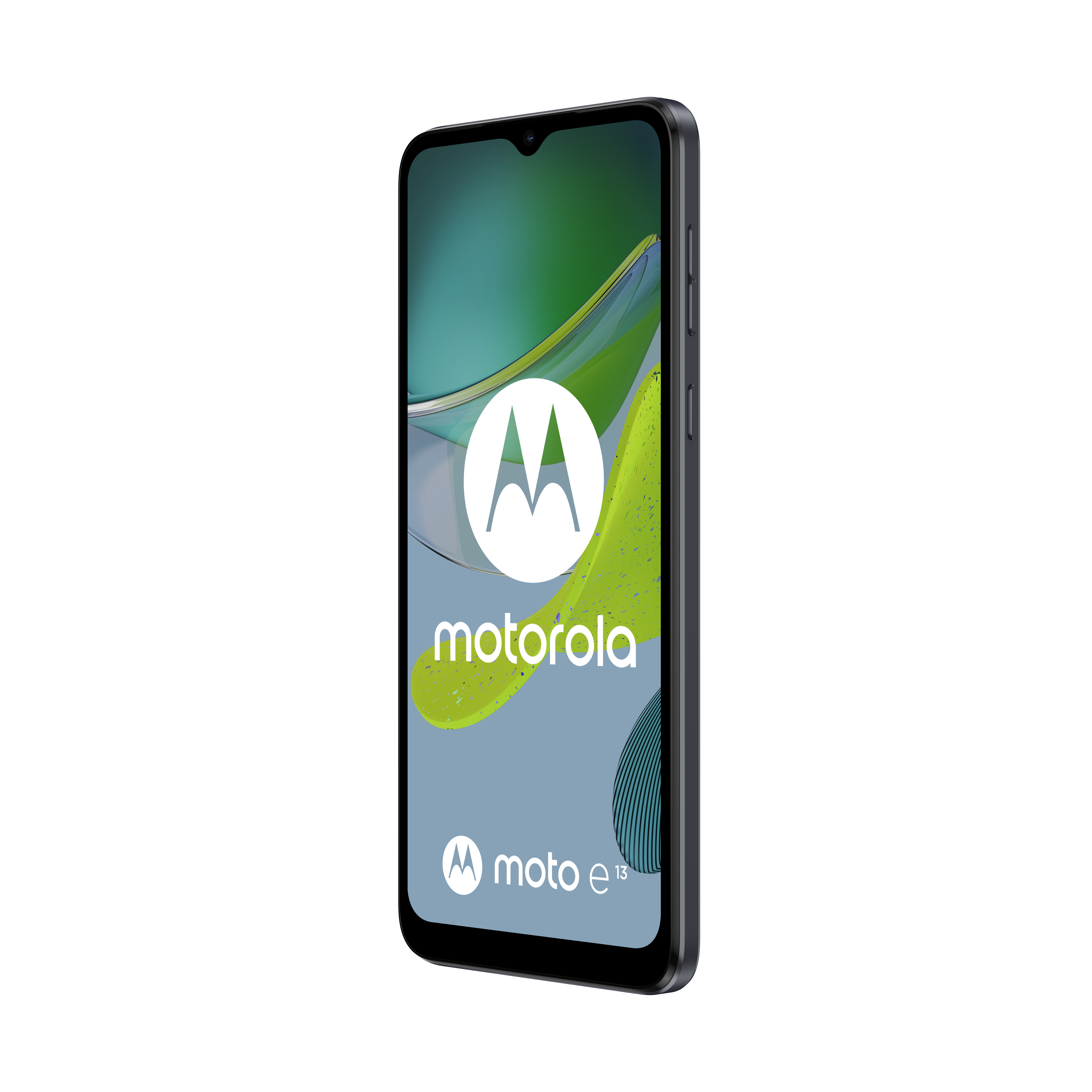 Smartfon Motorola Moto e13, czarny, z logo Motorola wyśrodkowanym na ekranie.