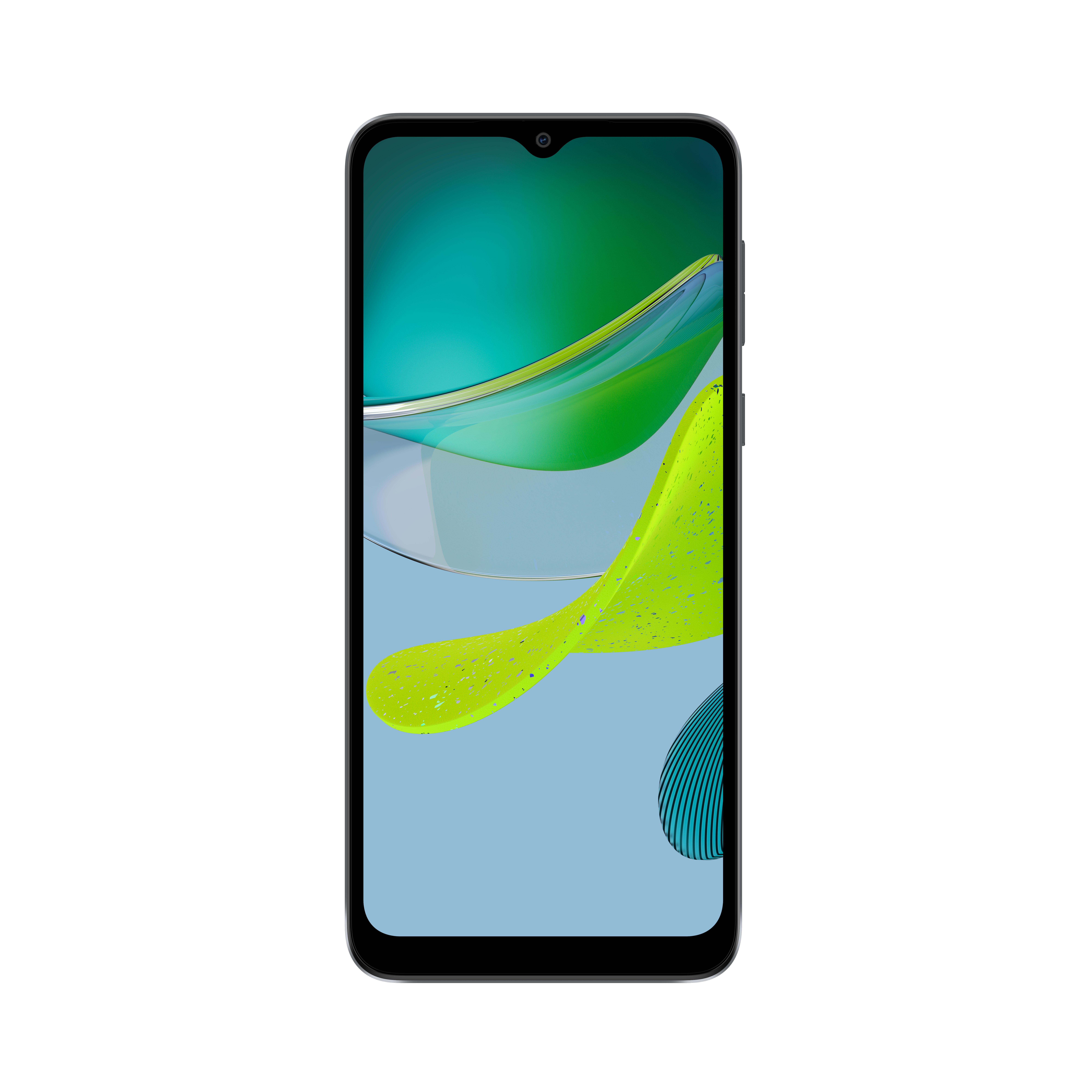 Czarny przód smartfona z abstrakcyjnym zielono-niebieskim wzorem.