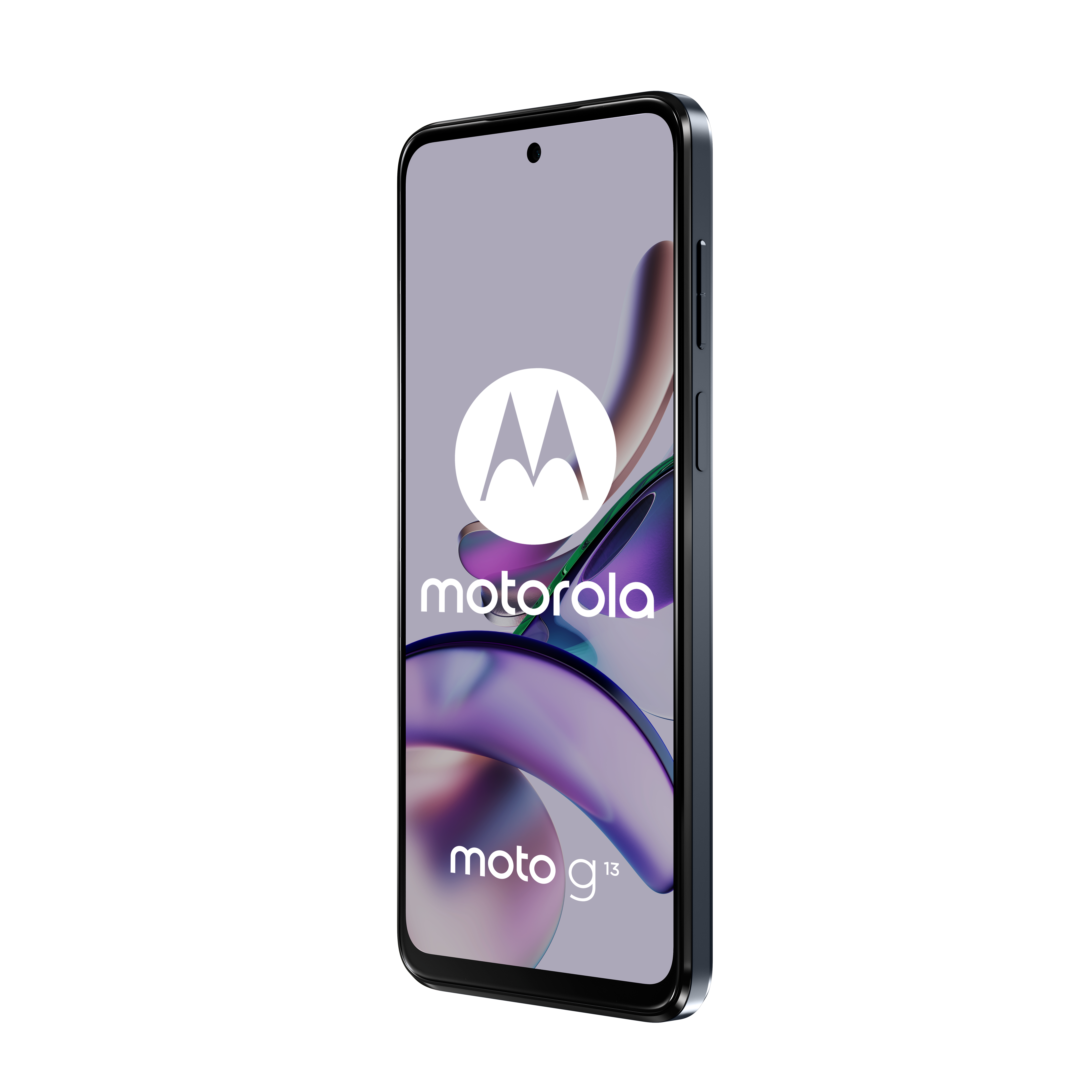 Czarny smartfon Motorola Moto G13. Wyświetlacz pokazuje logo Motorola i gradientowe tło.