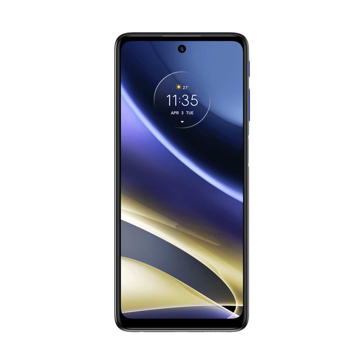 Smartphone mit einem Bildschirm, der Uhrzeit und Datum anzeigt. Weißer Hintergrund.