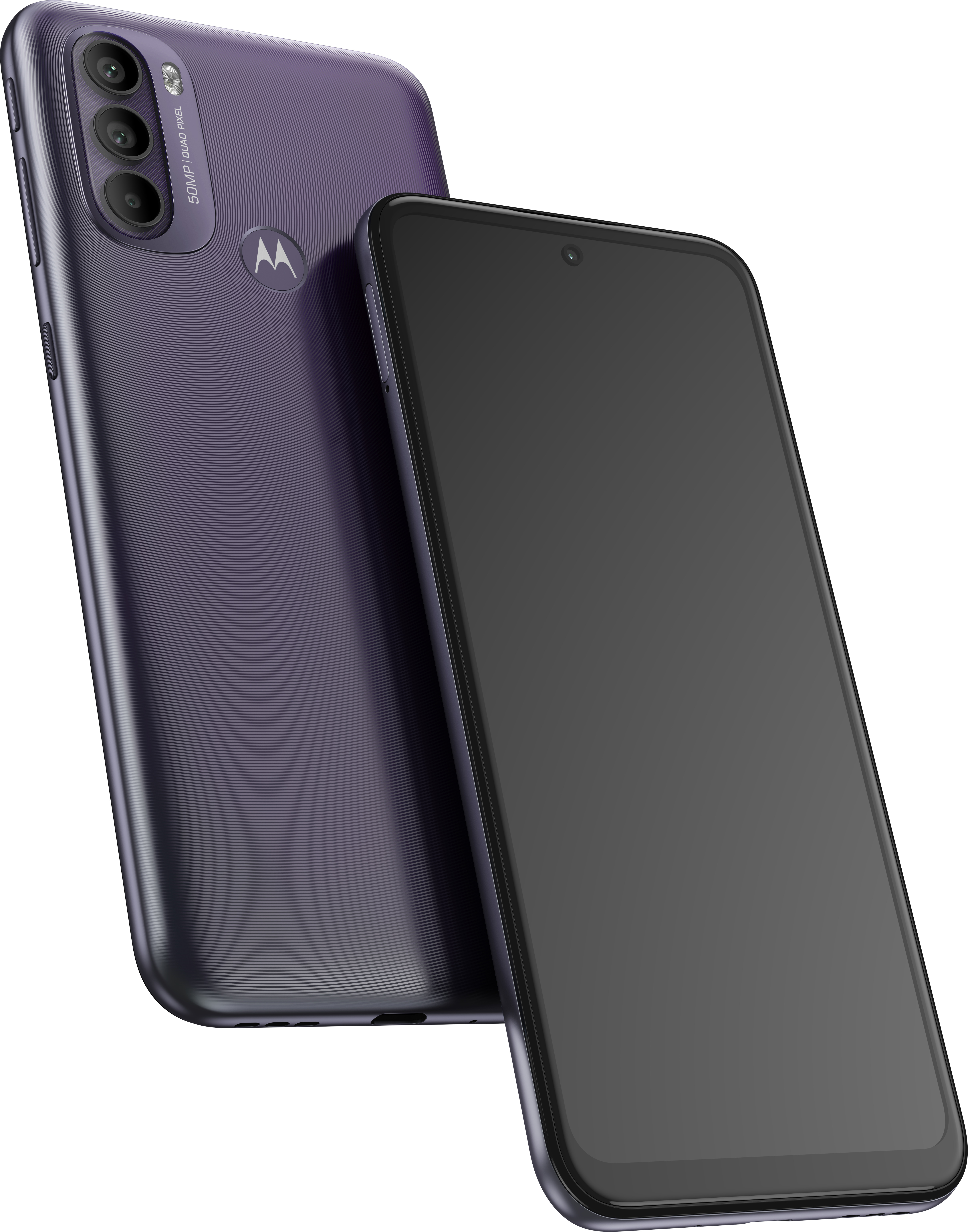 Zwei lila Smartphones, eines zeigt die Rückseite und das andere den Bildschirm.