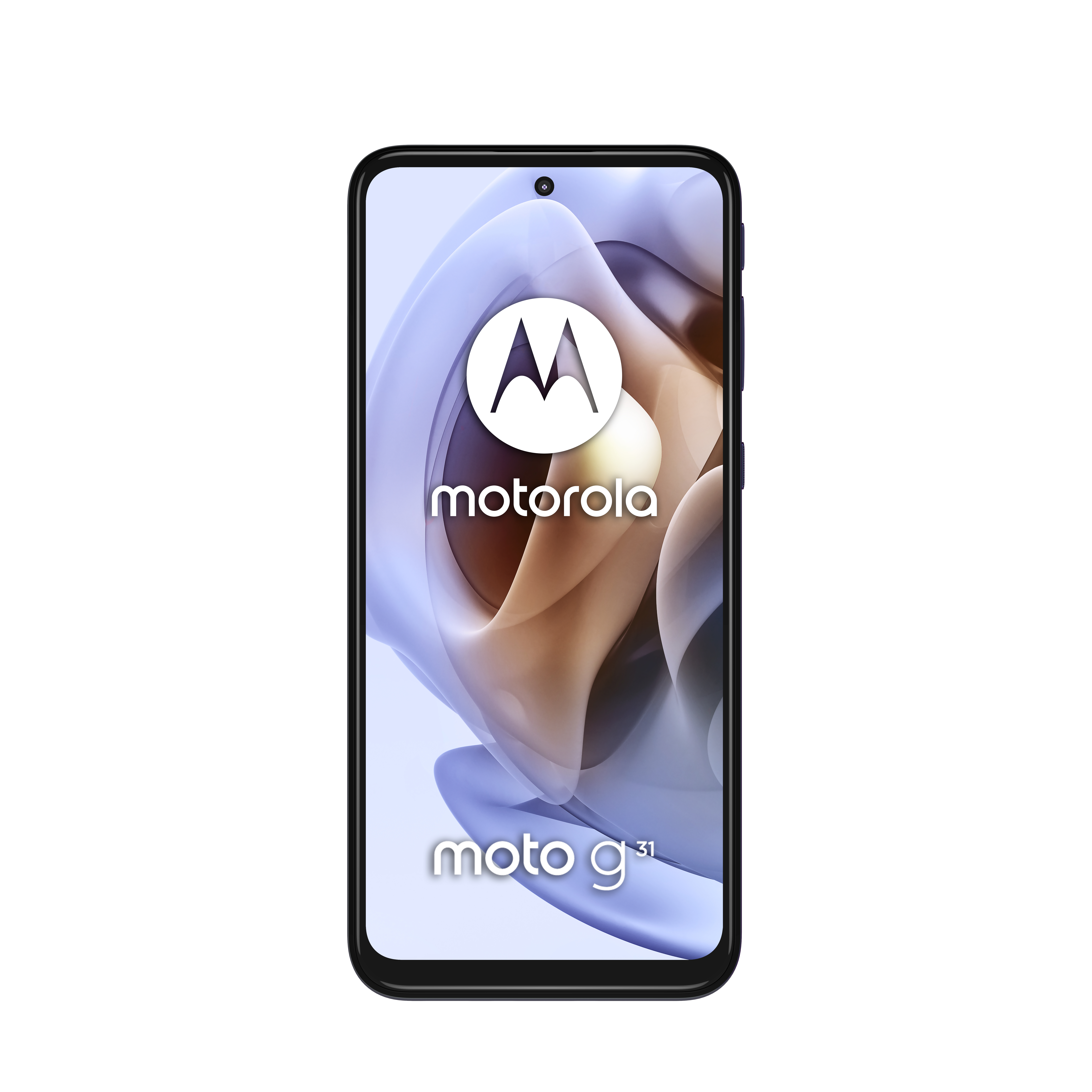Motorola Moto G31 Smartphone, auf weißem Hintergrund, Bildschirm zeigt Markenlogo.