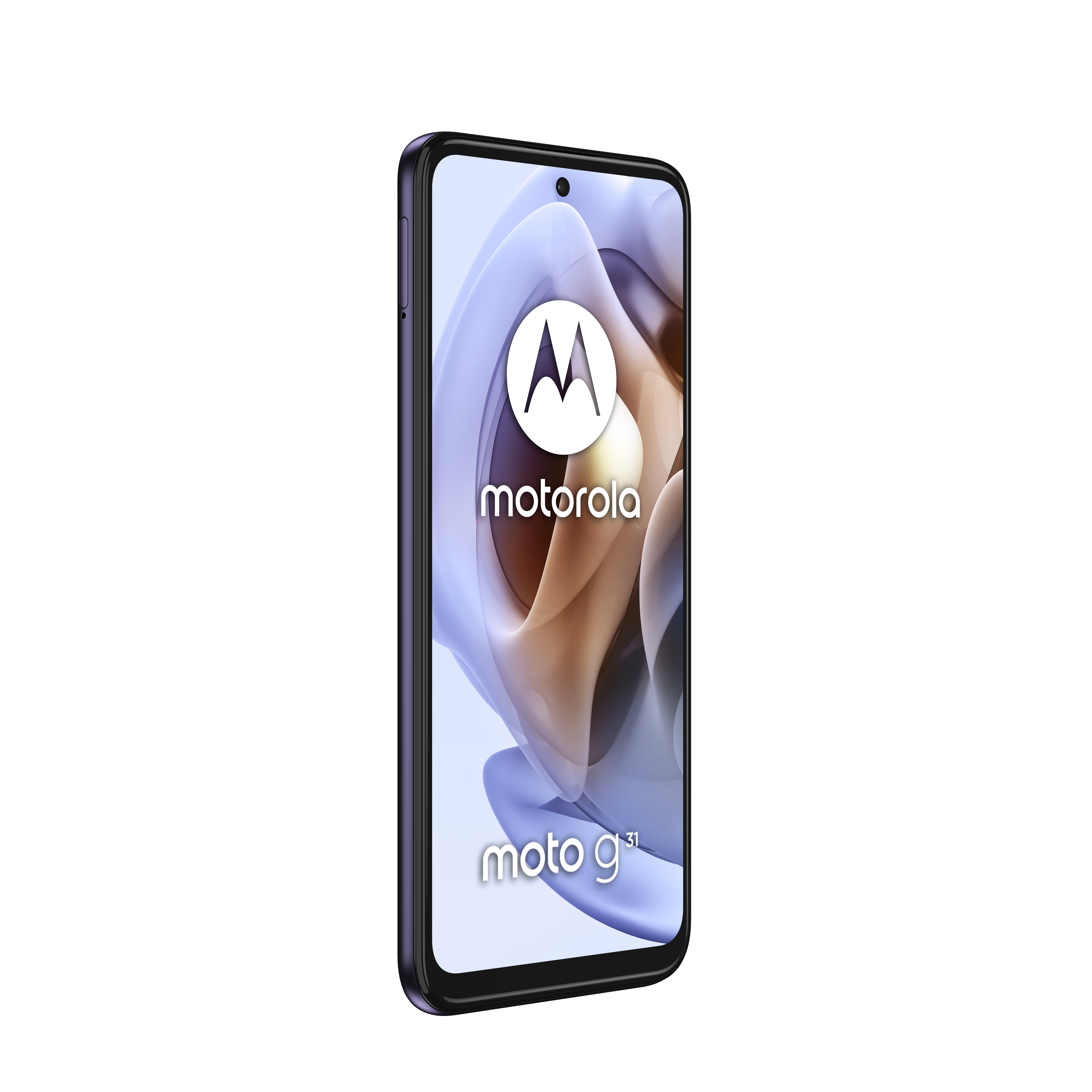 Ein lila Motorola-Smartphone, das das Motorola-Logo auf dem Bildschirm zeigt. Das Telefon ist in Perspektive.
