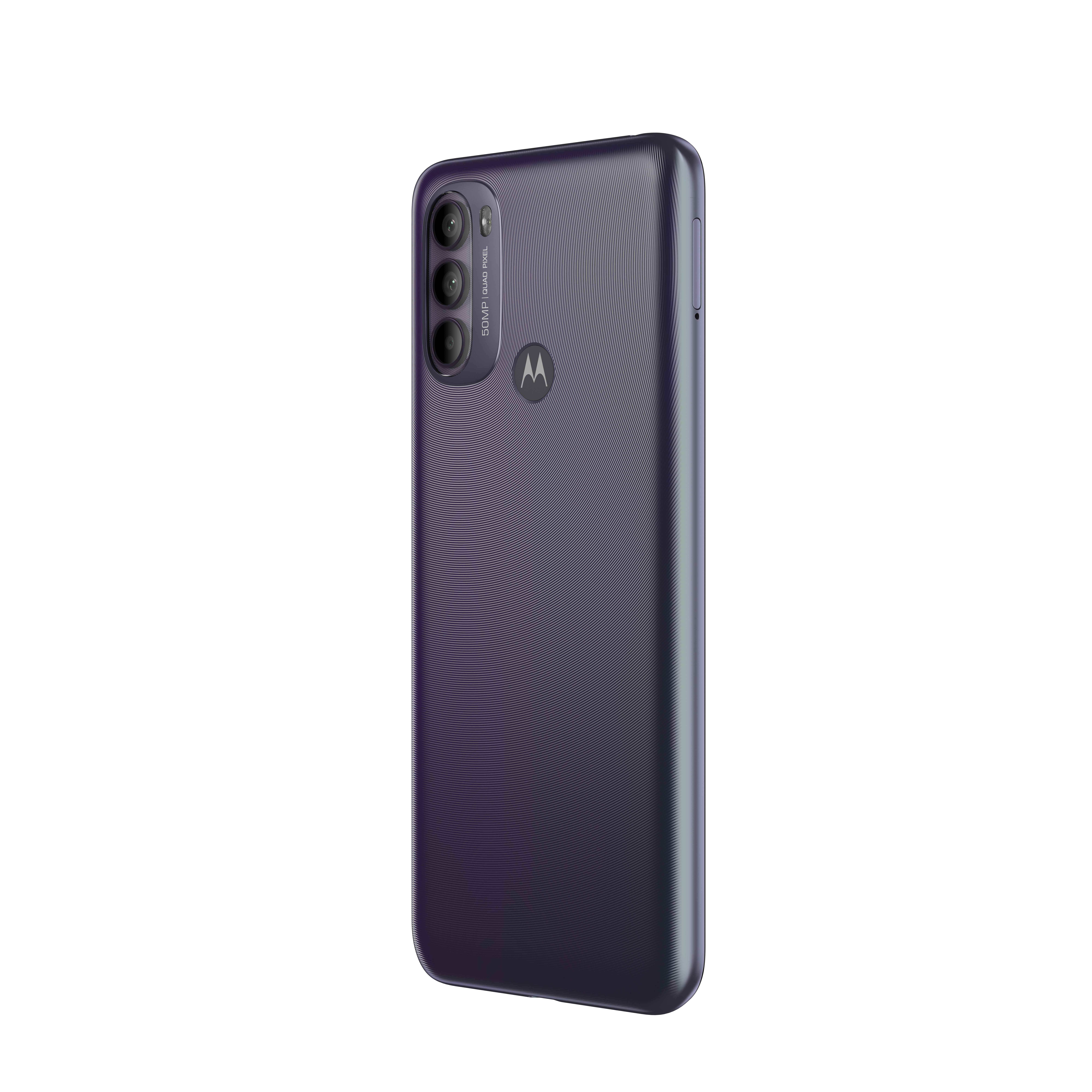 Lila Smartphone, Rückansicht. Drei Kameras, Motorola-Logo. Weißer Hintergrund.