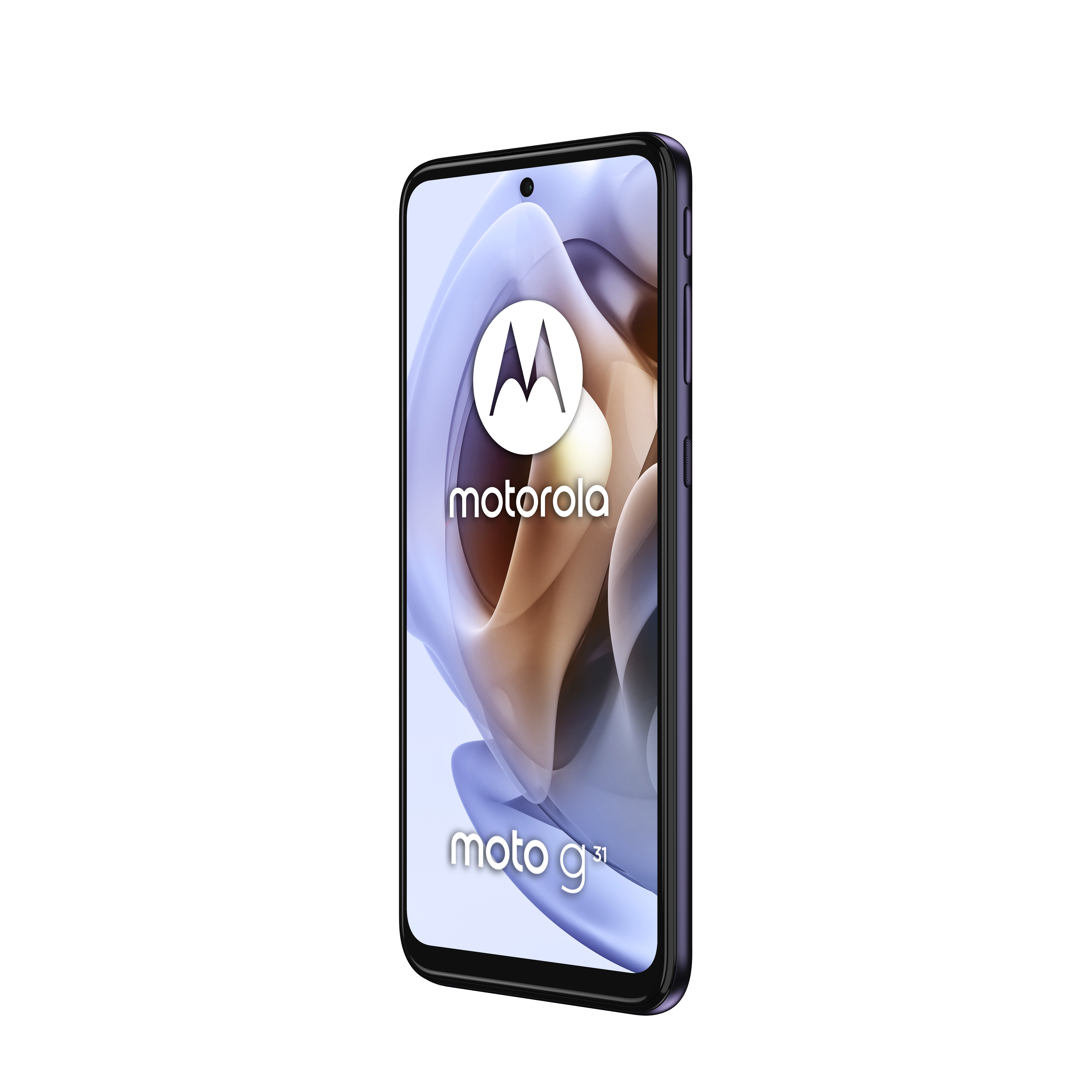 Ein lila Motorola-Telefon mit der Vorderseite. Der Bildschirm zeigt das Motorola-Logo und die Worte moto g31.