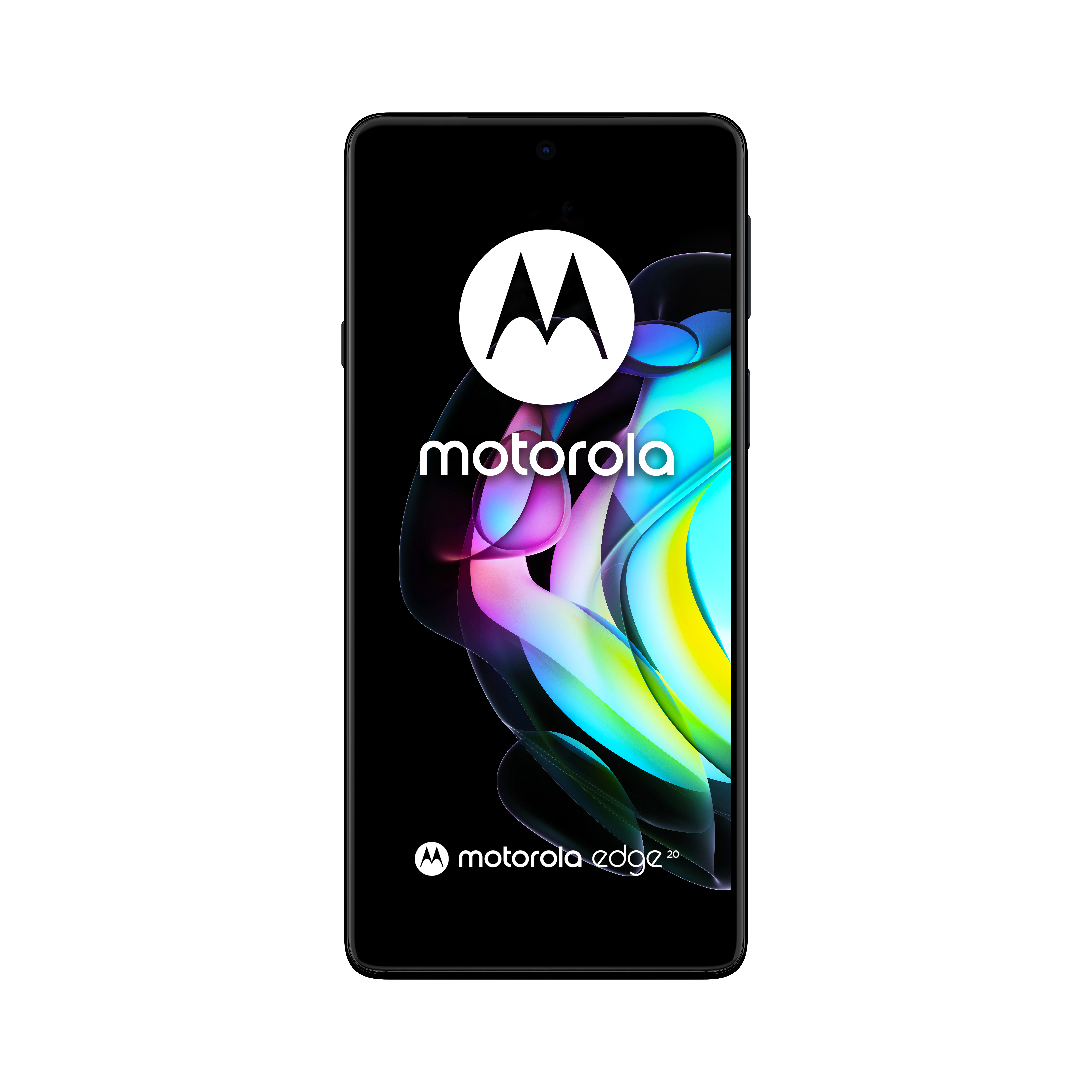 Un teléfono inteligente negro muestra un logotipo blanco de Motorola en la pantalla.