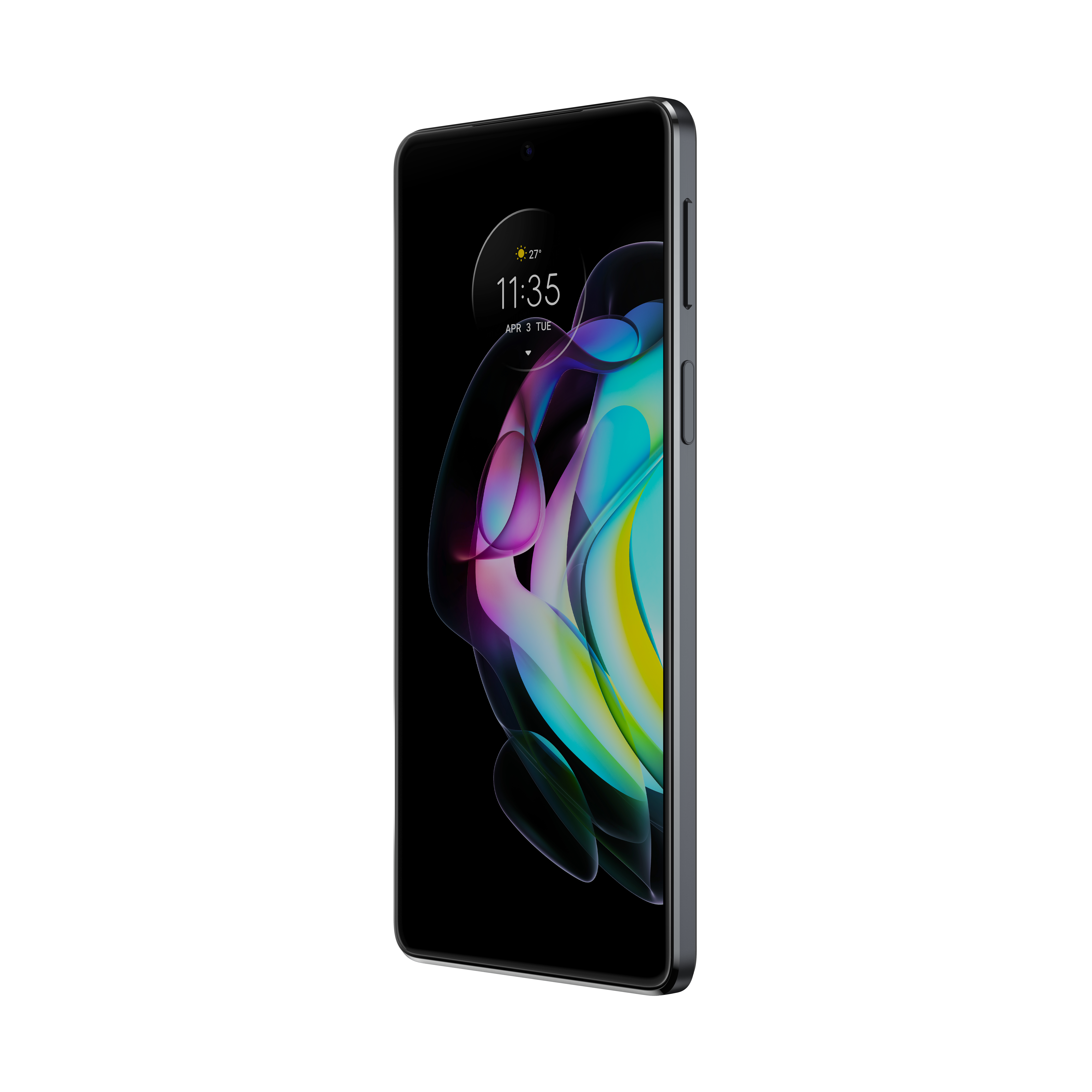 Smartphone con pantalla grande, visualización de la hora y fondo abstracto colorido.