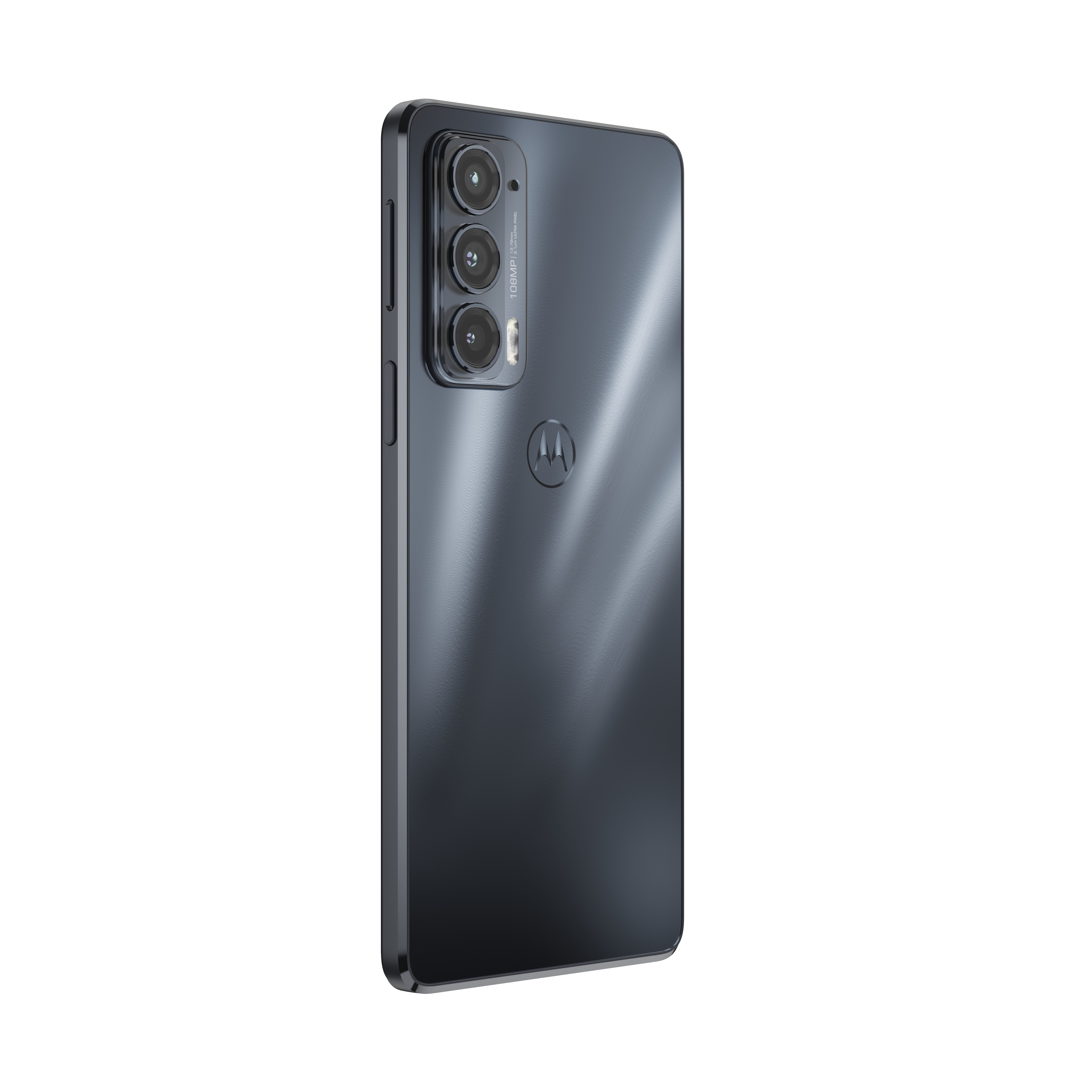 Parte trasera del teléfono Motorola, gris oscuro, con tres cámaras y logo Motorola.