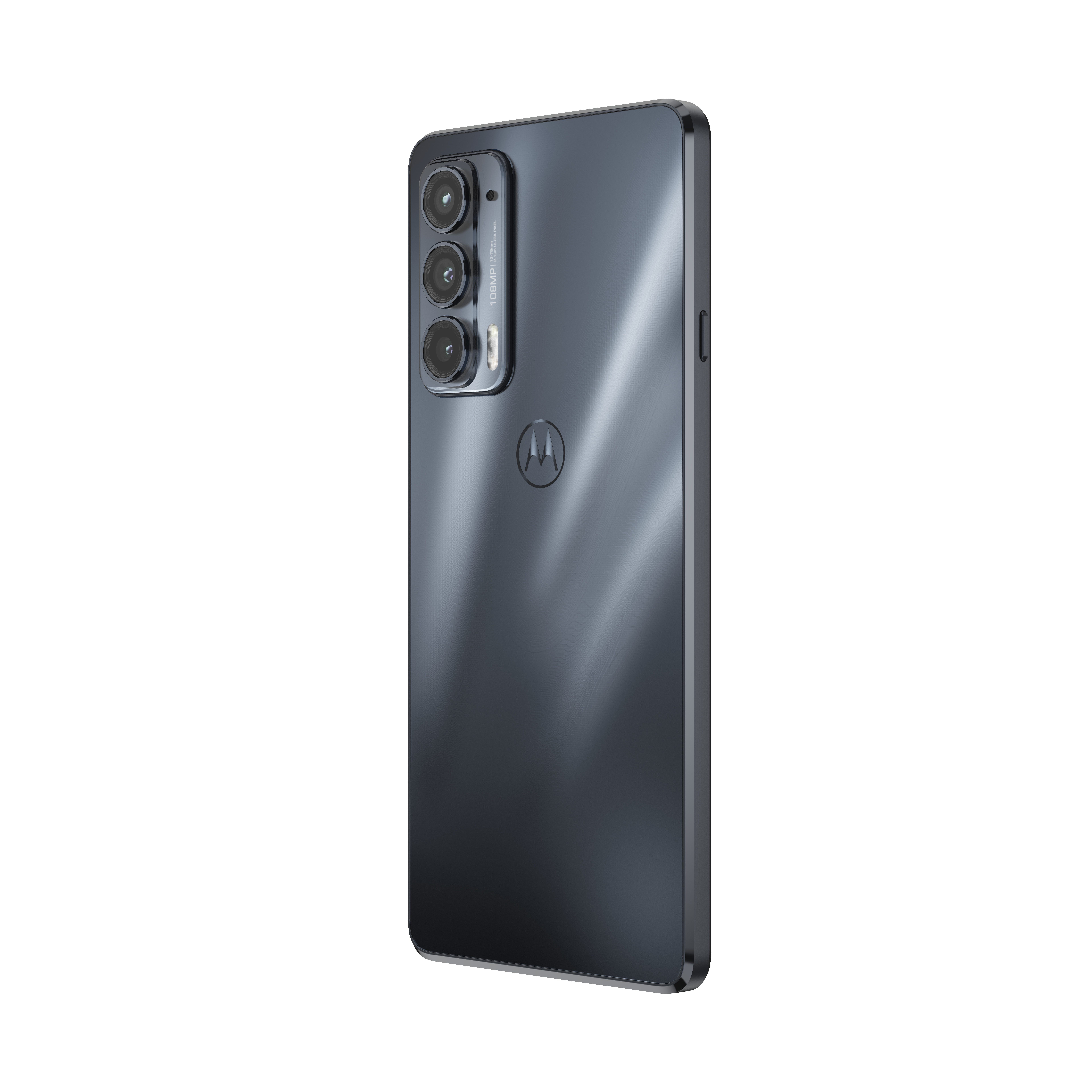 Teléfono Motorola, vista trasera. Gris oscuro. Tres lentes de cámara. Logotipo de Motorola.