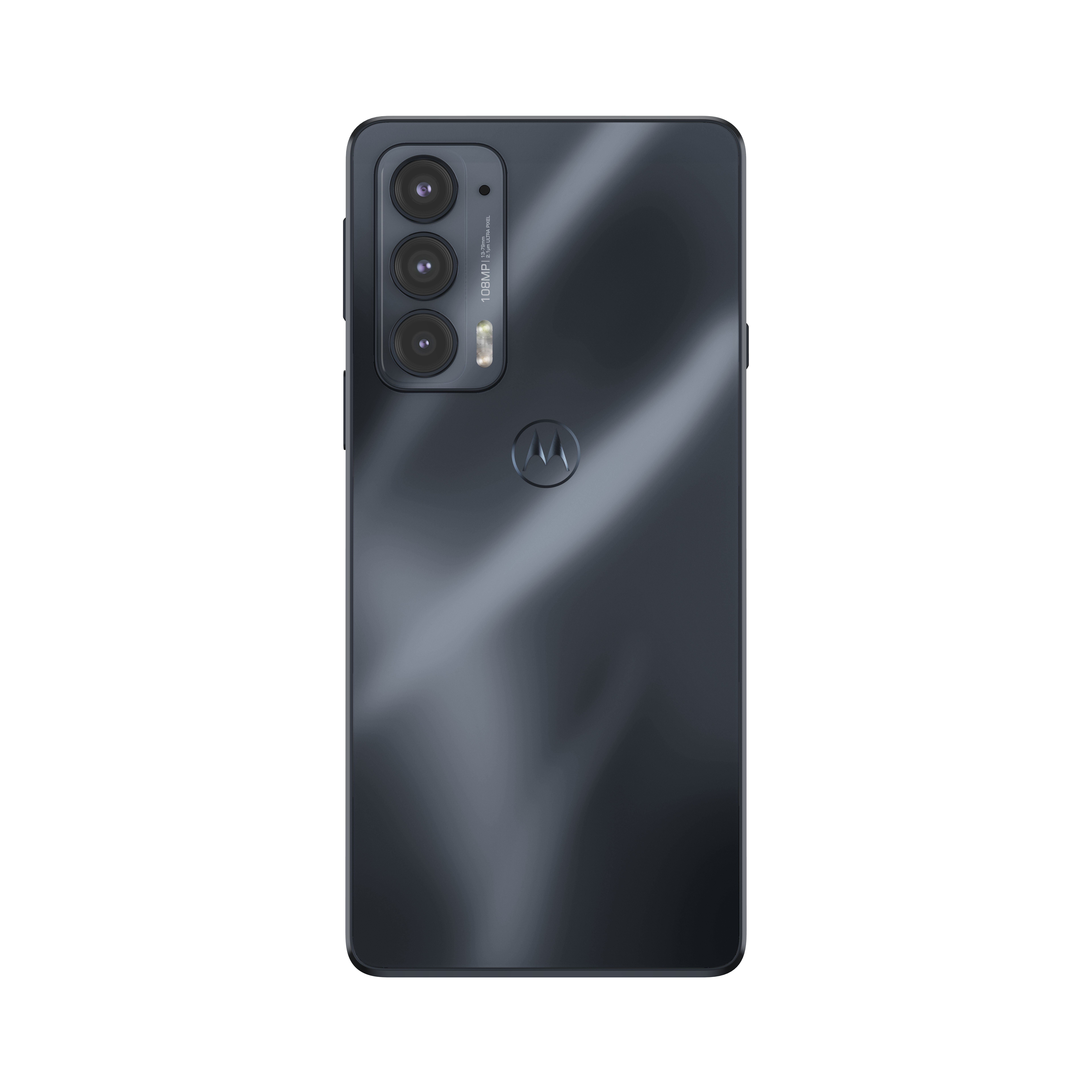 Parte trasera de un teléfono Motorola gris oscuro con triple cámara y logotipo.