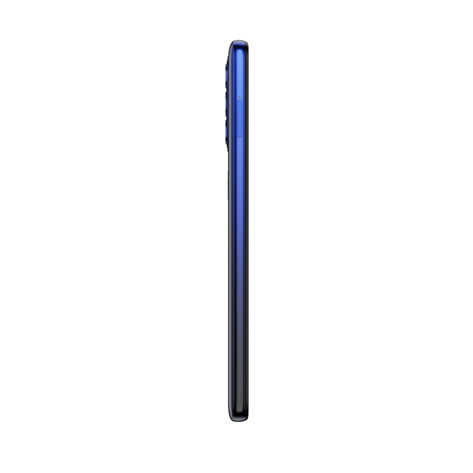 Blaues Smartphone, Seitenansicht auf Weiß. Lautstärketasten. Display aus.