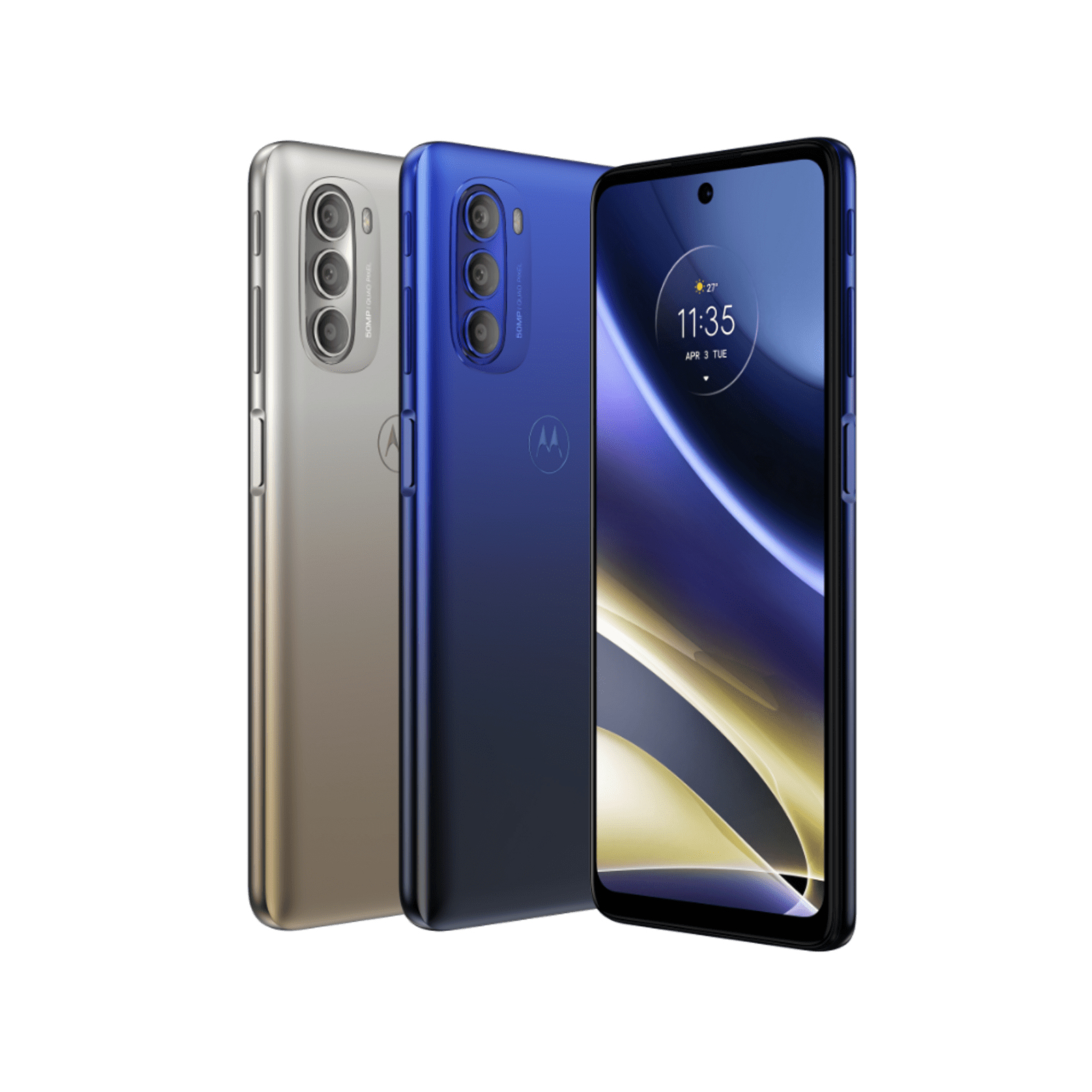 Drei Smartphones, silber, blau und gold, nebeneinander, Bildschirme an, Apps werden angezeigt.