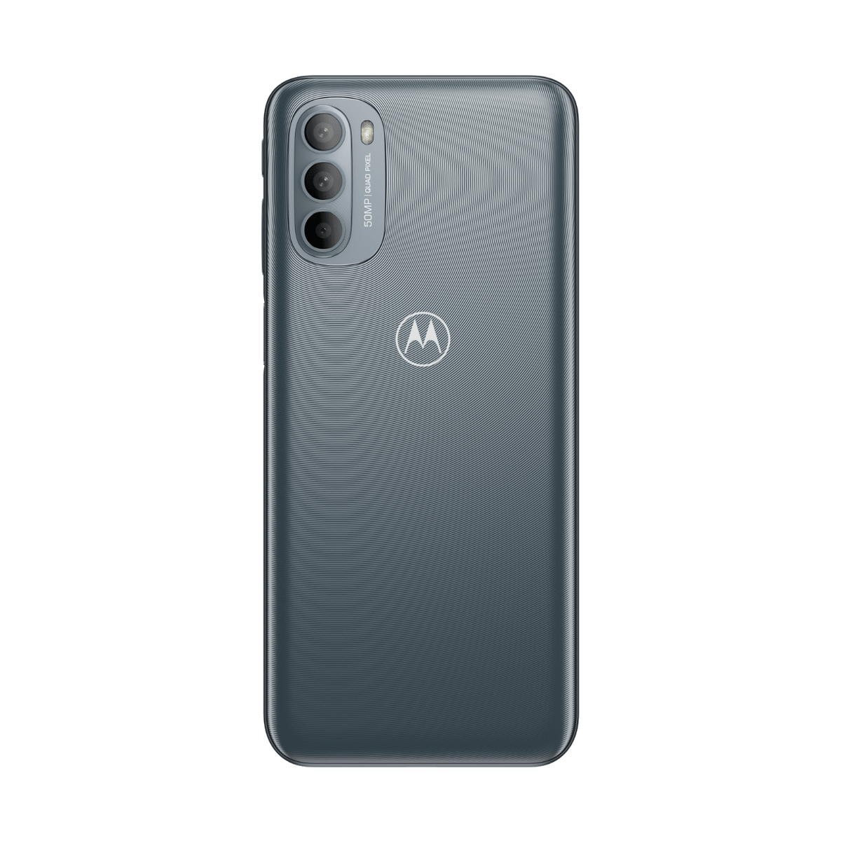 Graue Telefonrückseite mit drei Kameras und einem Motorola-Logo auf weißem Hintergrund.
