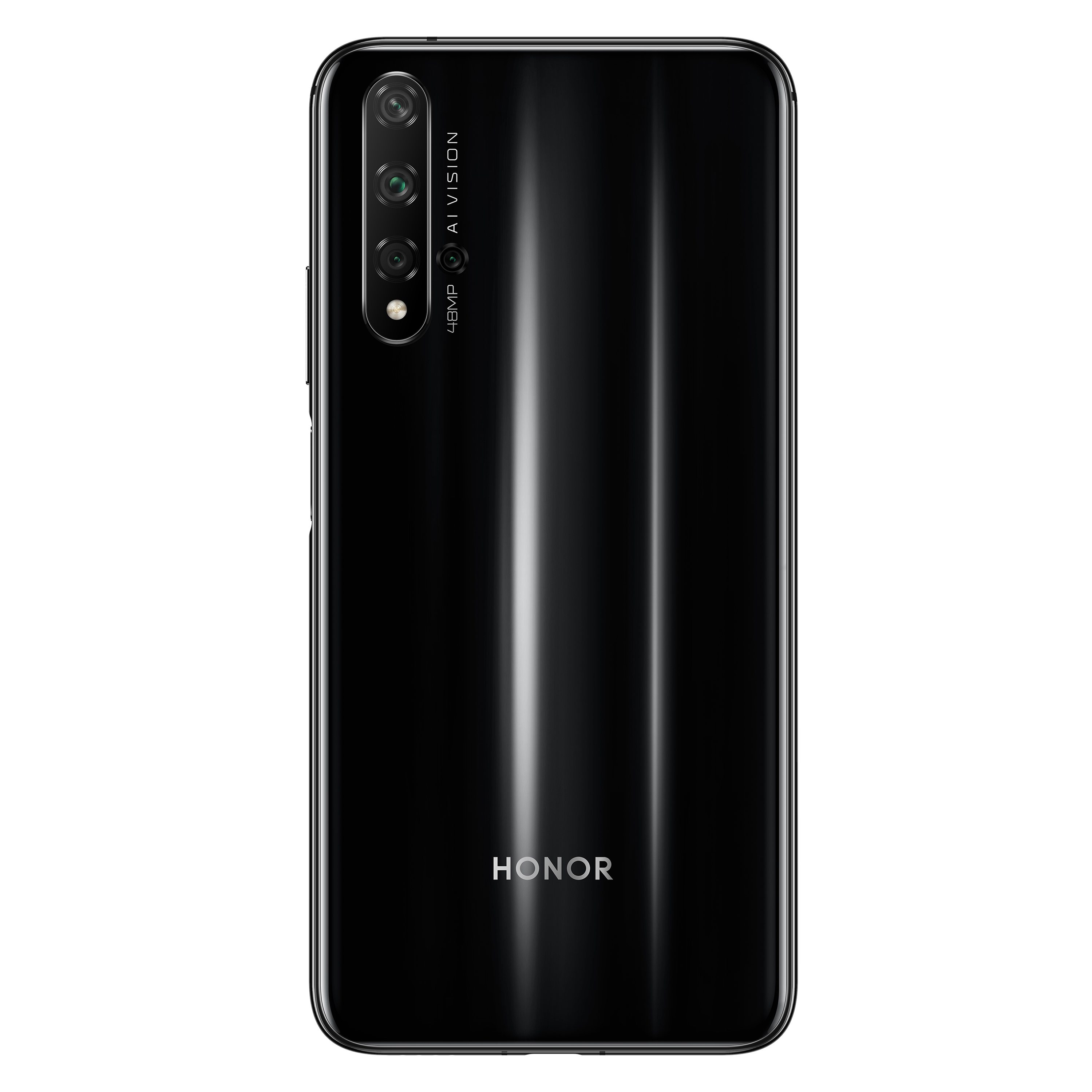 Schwarze Honor-Telefonrückseite mit Dreifachkameras und AI Vision-Text, Honor und glänzendem Finish.