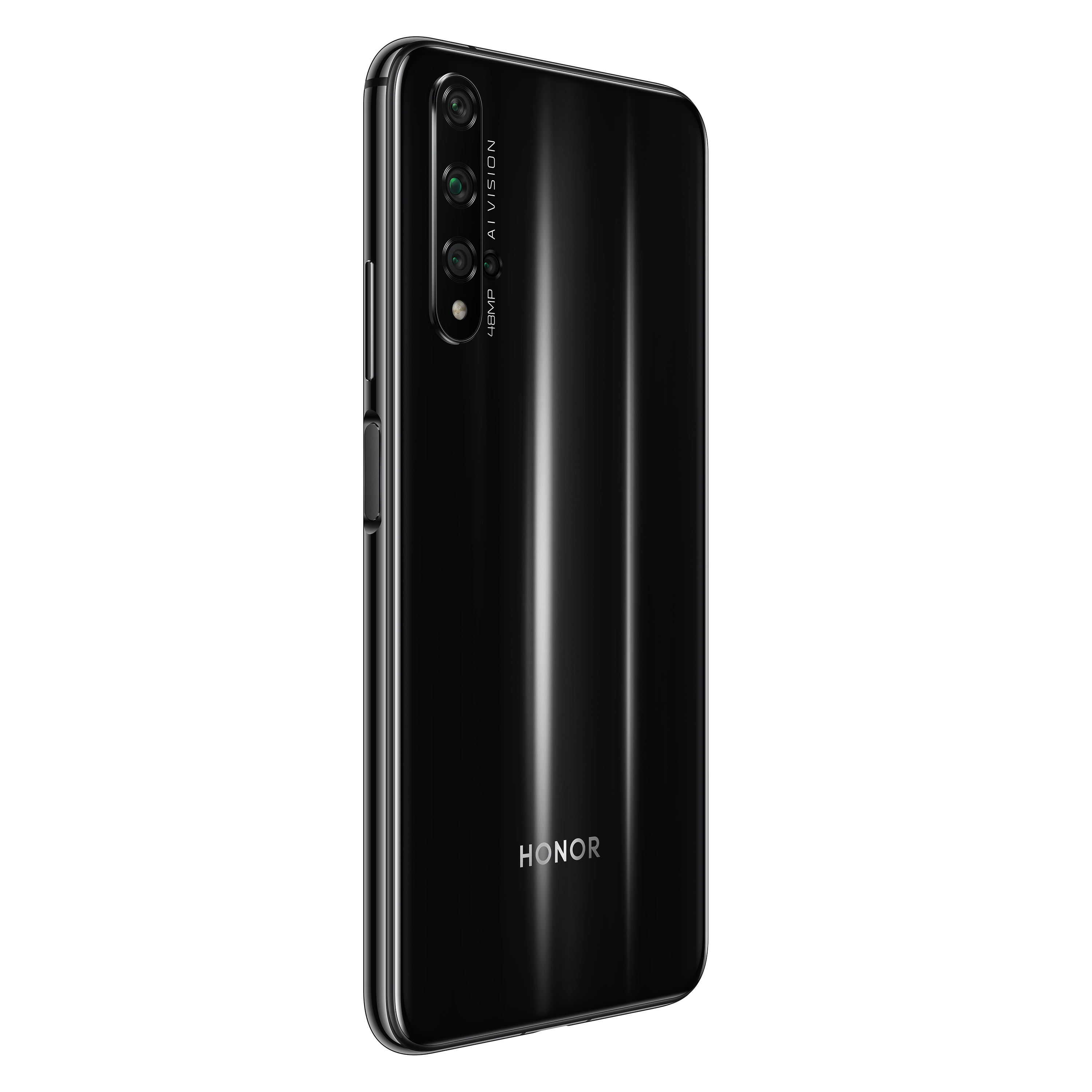 Ein schwarzes Honor-Telefon mit drei Kameras auf der Rückseite. Das Telefon ist zum Betrachter abgewinkelt.