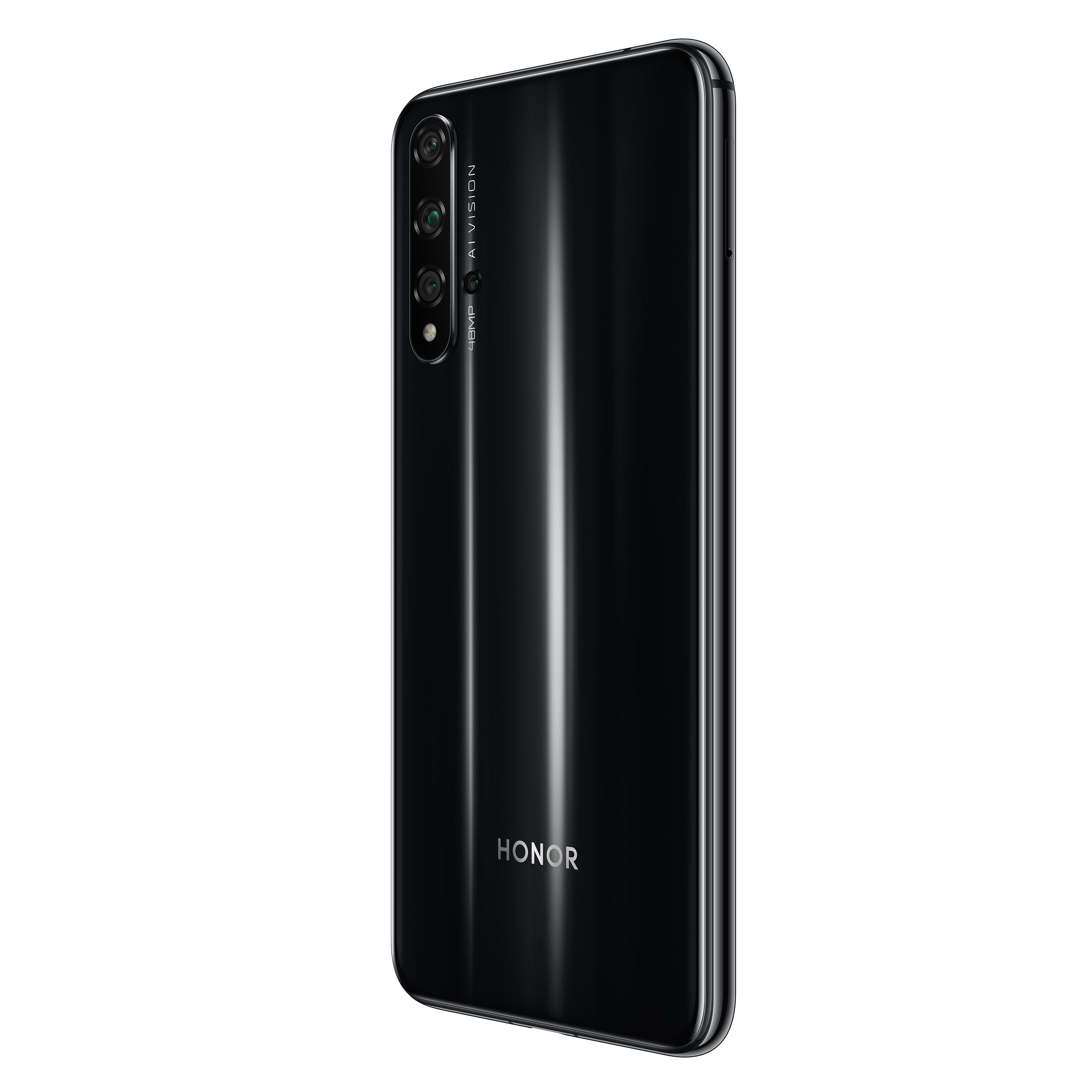 Schwarzes Smartphone Honor, Rückansicht, mit Dreifachkamera und dem Wort HONOR.