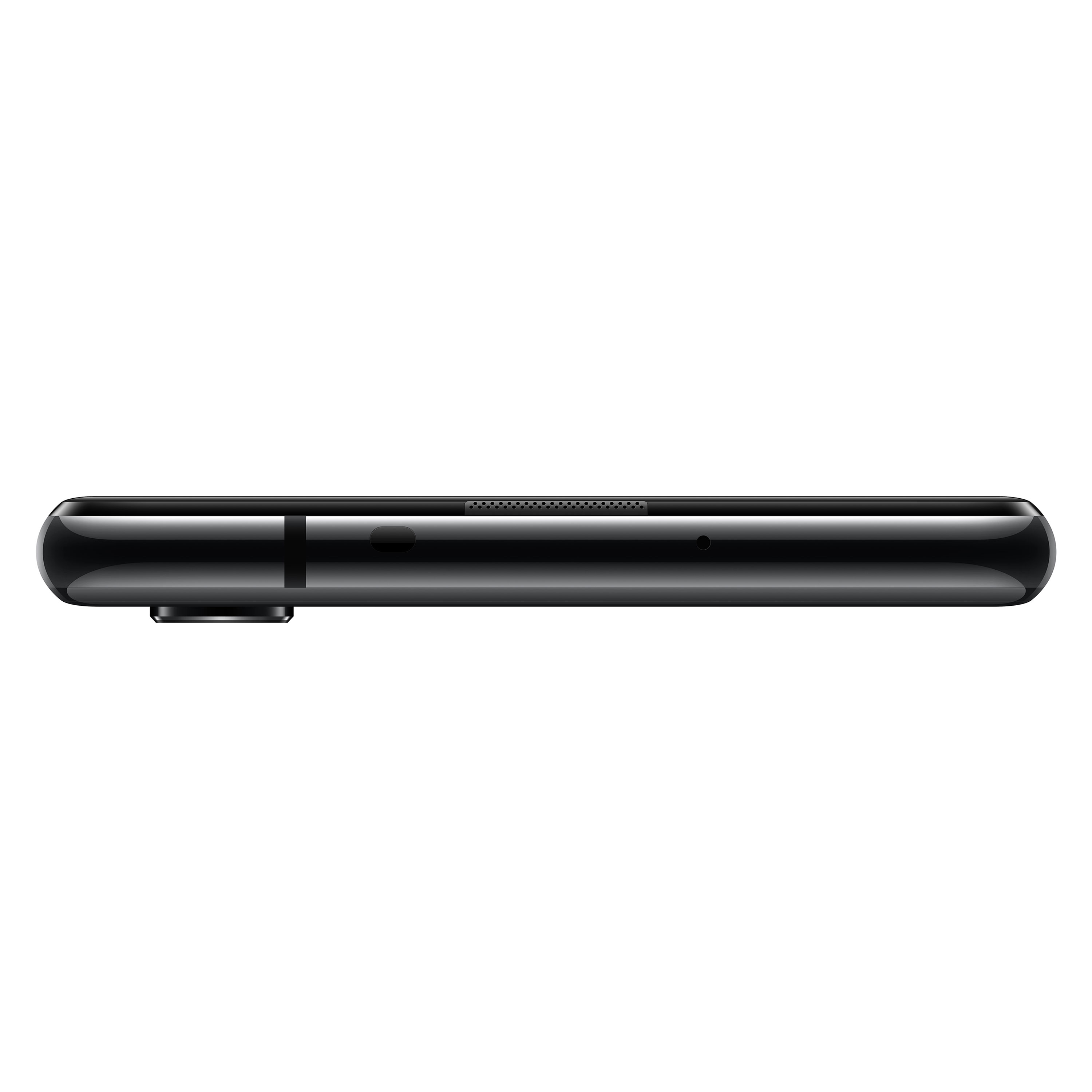 Schwarze Smartphone-Unteransicht mit Lautsprecher. Weißer Hintergrund.
