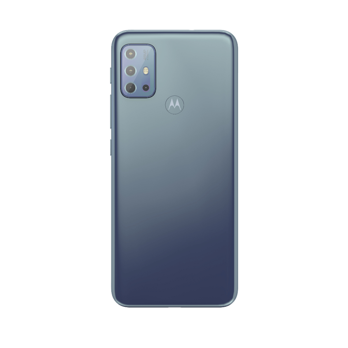 Blaues Smartphone, Rückansicht. Mehrere Rückkameras, weißer Hintergrund.